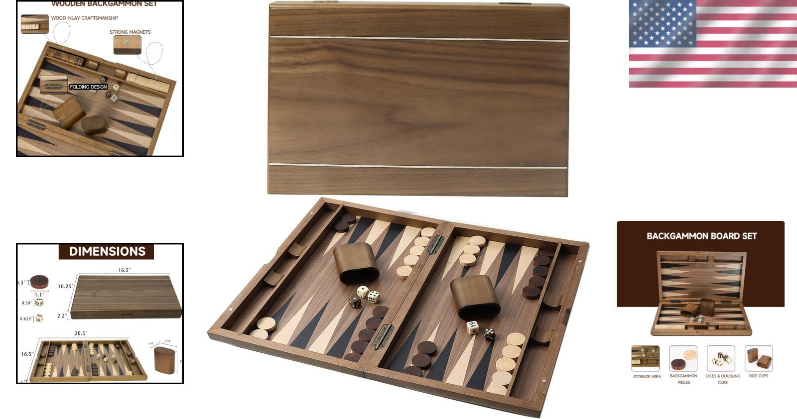 Elegant Wooden Backgammon Board - Complete 20.5" Folding Set with Pieces