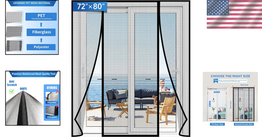 Tear-Resistant PET Magnetic Screen Door - Strong Magnet Closure, 72''x80''
