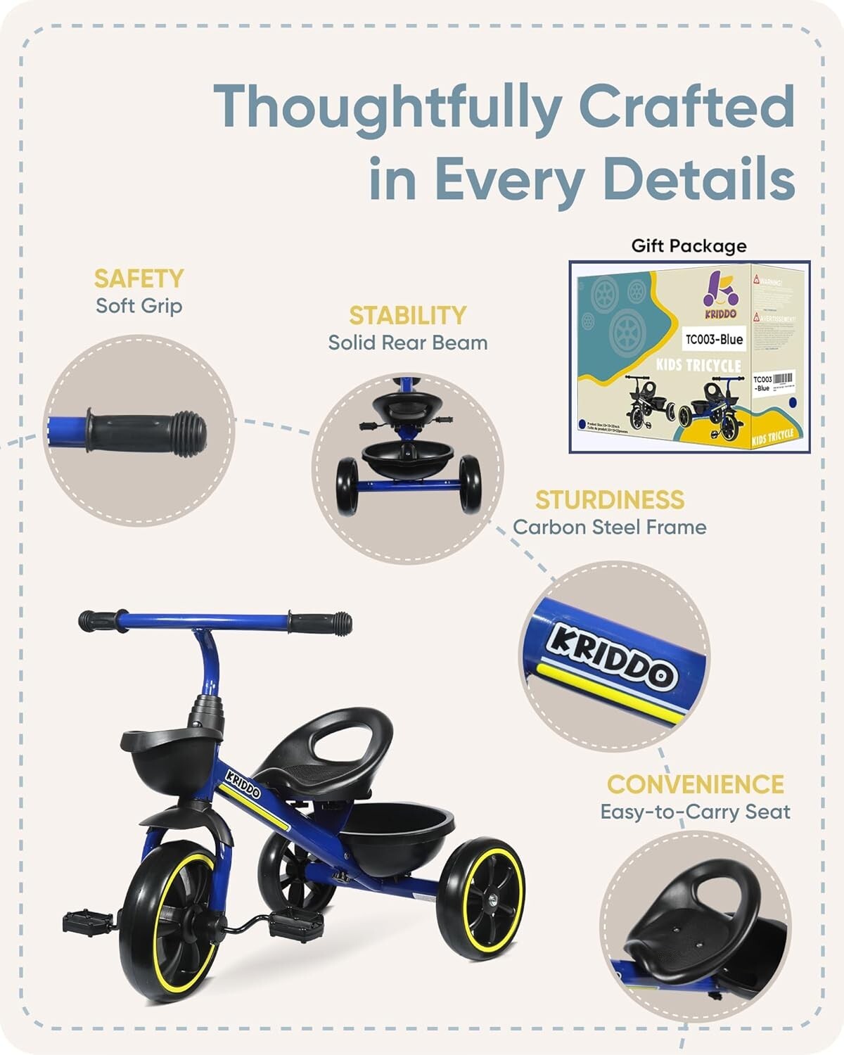 Blue Kids Trike for 2-4 Year Olds - Ergonomic Design & Roll-Over Prevention