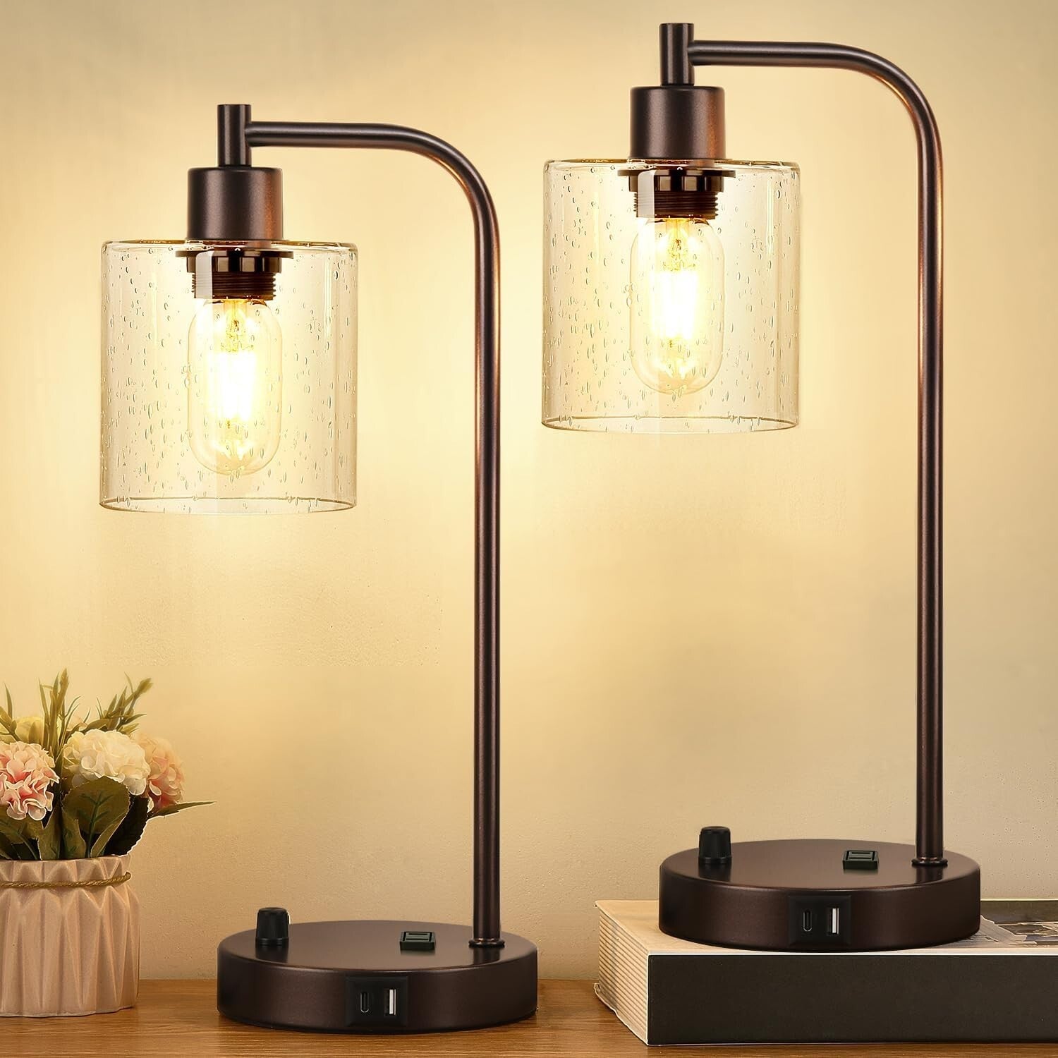 Elegant 2 Light Set: Fully Dimmable Oil Rubbed Bronze Lamps with USB Charging