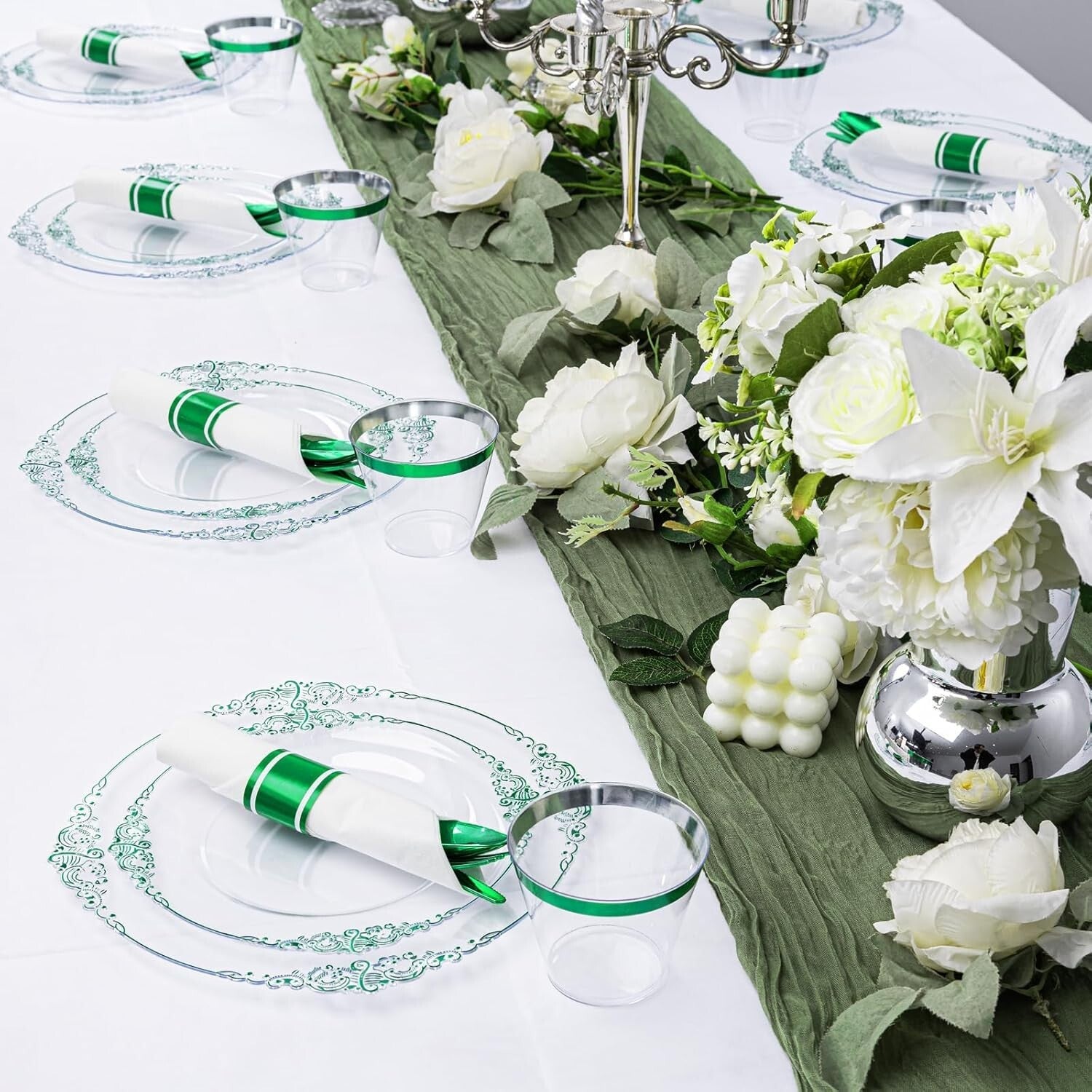 Elegant 175PCS Clear Plate Set with Green Rim - Perfect for St. Patrick's Day