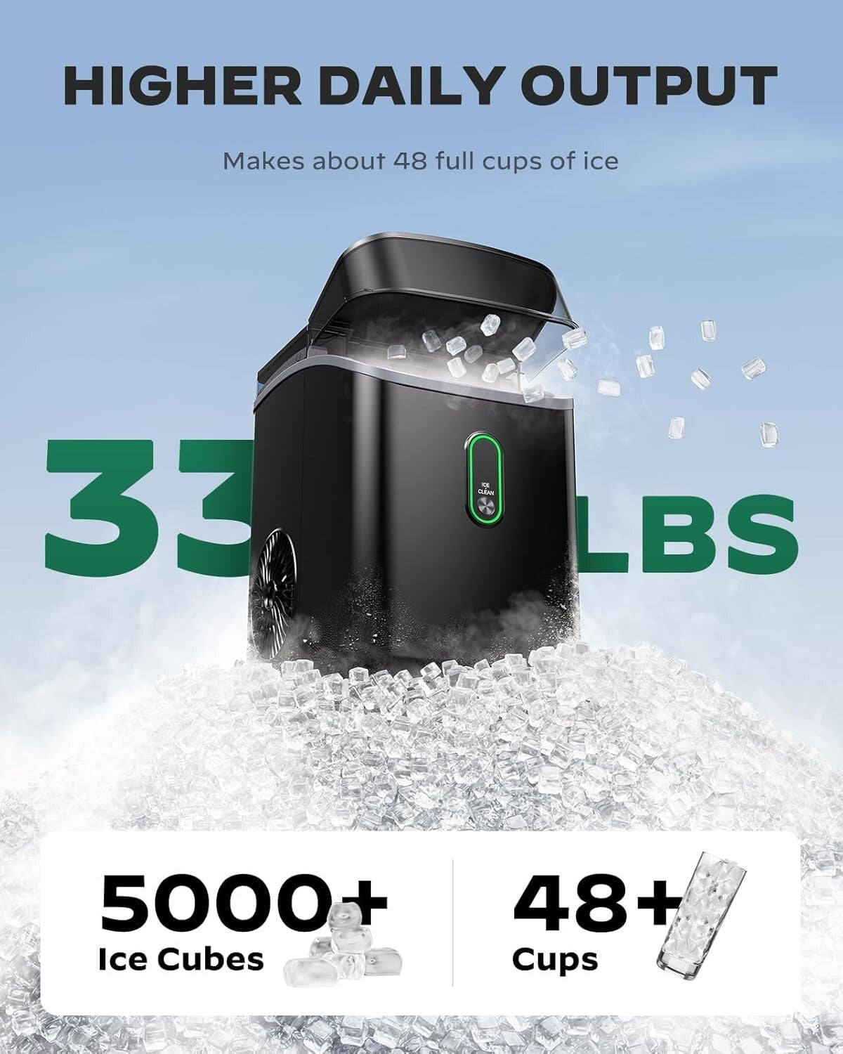 33Lbs Countertop Nugget Ice Maker - Soft Chewable Ice for Refreshing Drinks