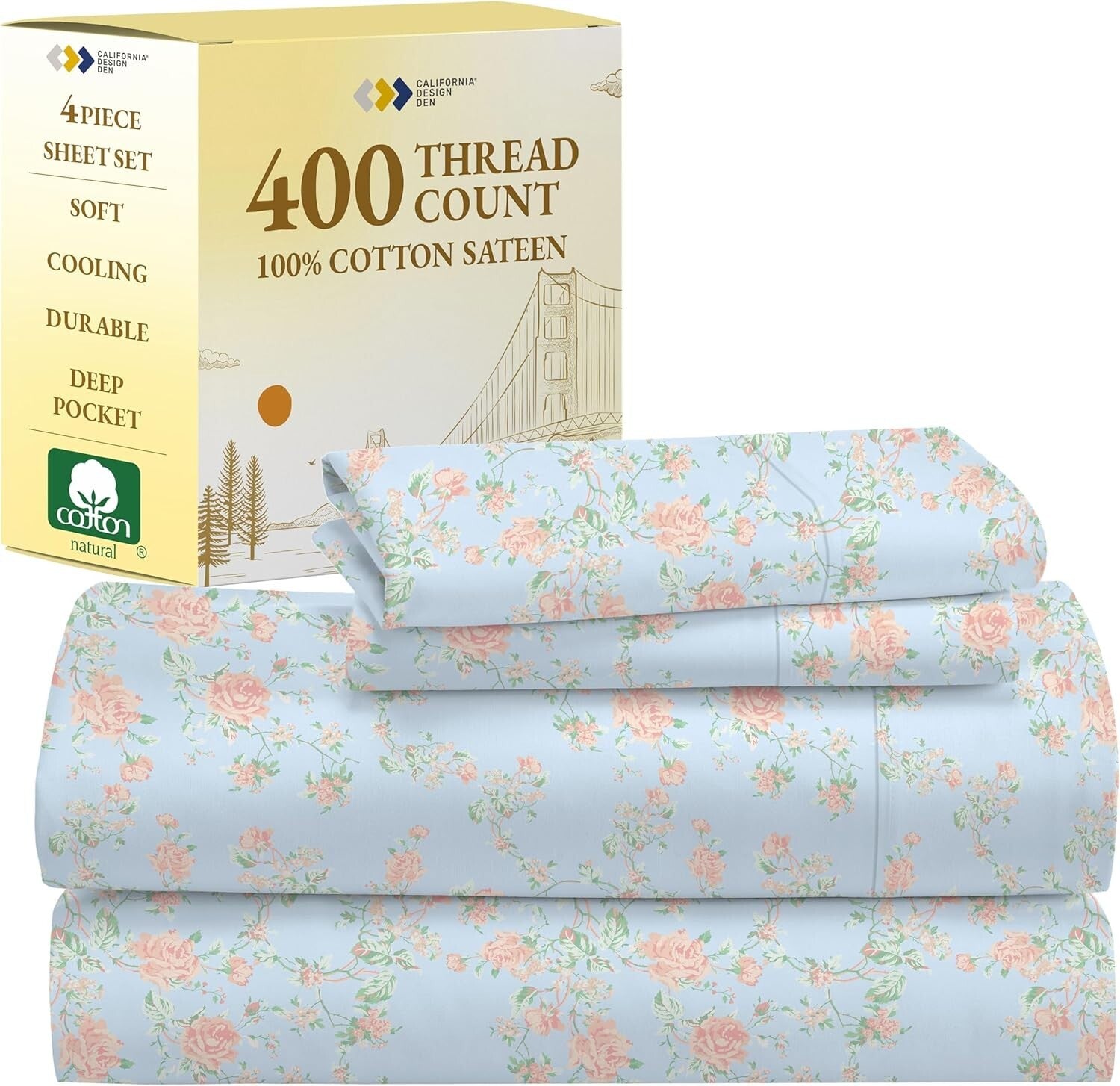 4-Piece Floral Pattern King Sheets Set - 400 Thread Count, Premium Sateen Fabric