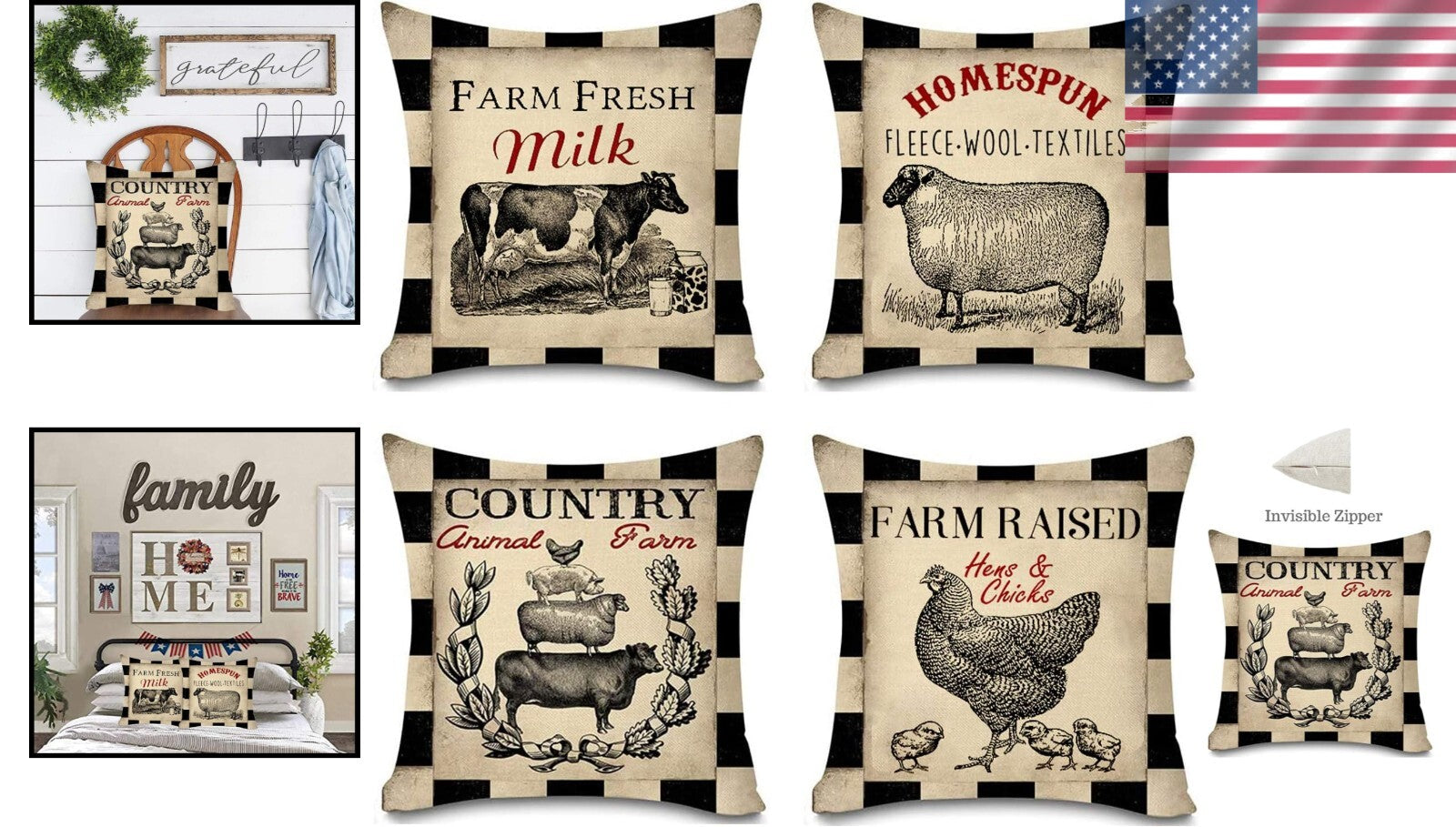 Cozy Cotton Linen 18x18 Farmhouse Animal Pillow Covers – Set of 4 with Zipper