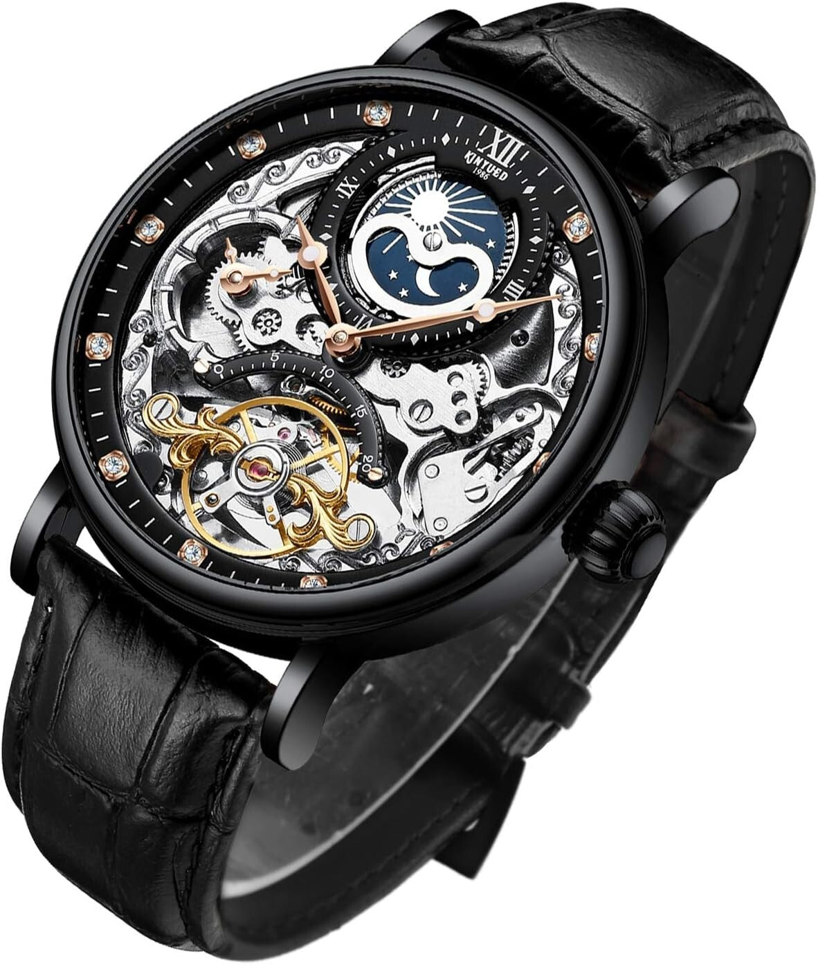 Men's Luxury Skeleton Automatic Watch with Luminous Hands & Moon Phase – Elegant