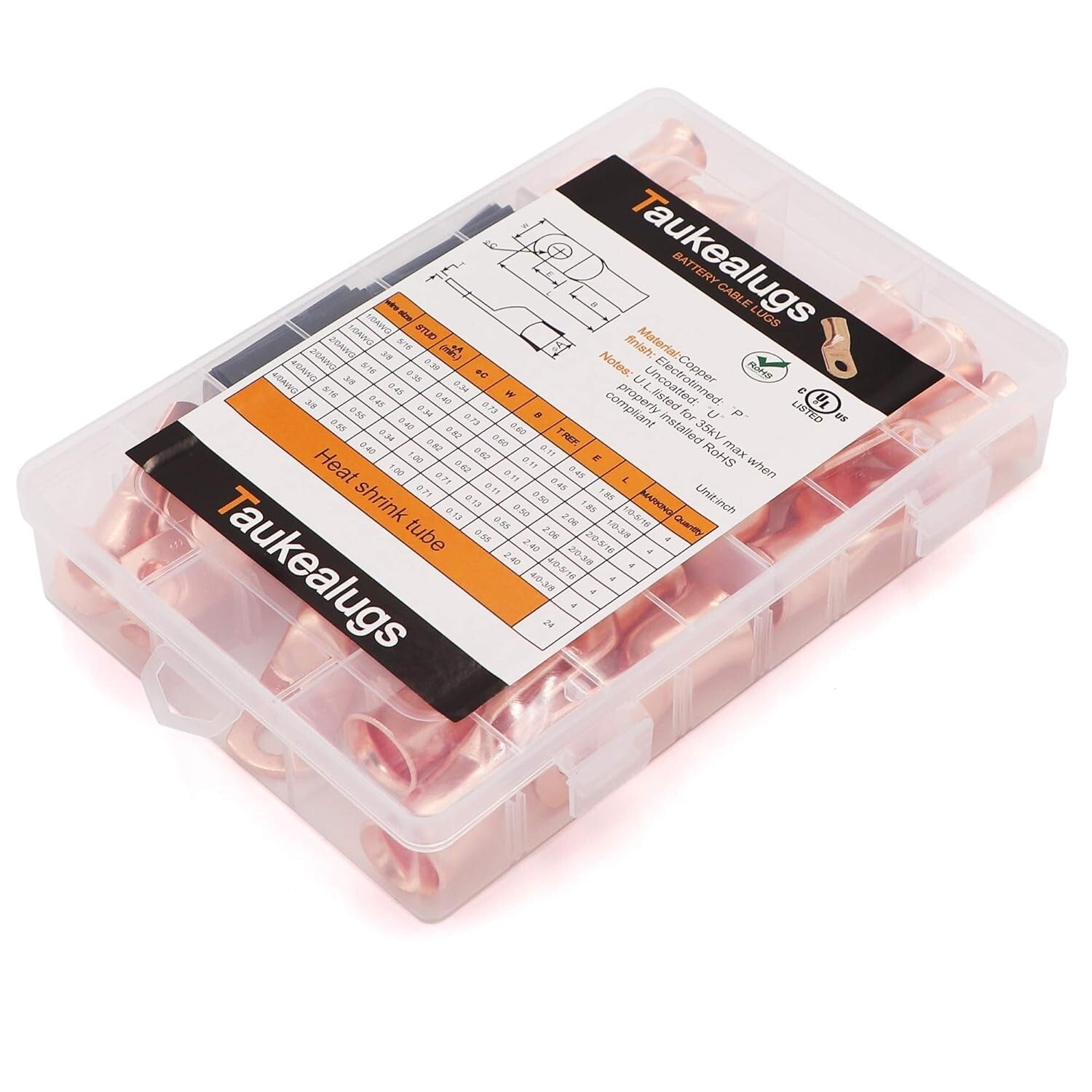 48PCS Copper Wire Lugs Ends Assortment for 1/0 to 4/0 Gauge - UL Certified