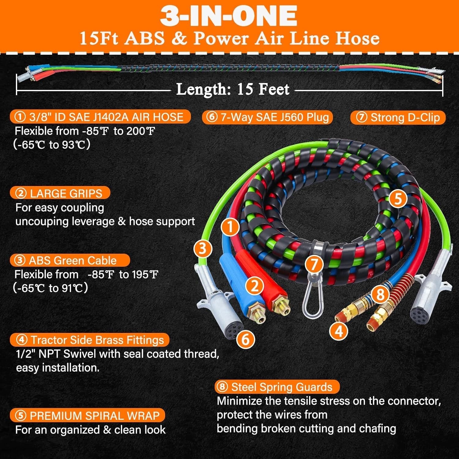 15FT Semi Truck Air Lines Kit with 3 in 1 Red & Blue Brake Hoses - Complete Set