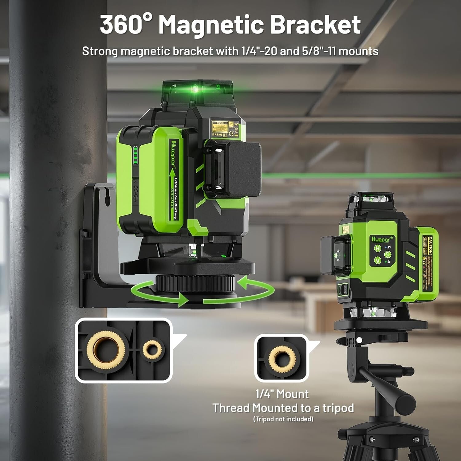 Durable Green Beam 4X360° Laser Level with Lithium-ion Batteries + Accessories