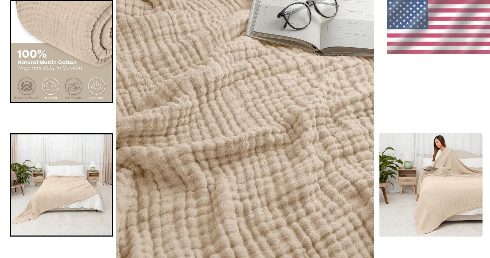 Breathable King Muslin Blanket 108" x 90" - Lightweight Comfort for Adults