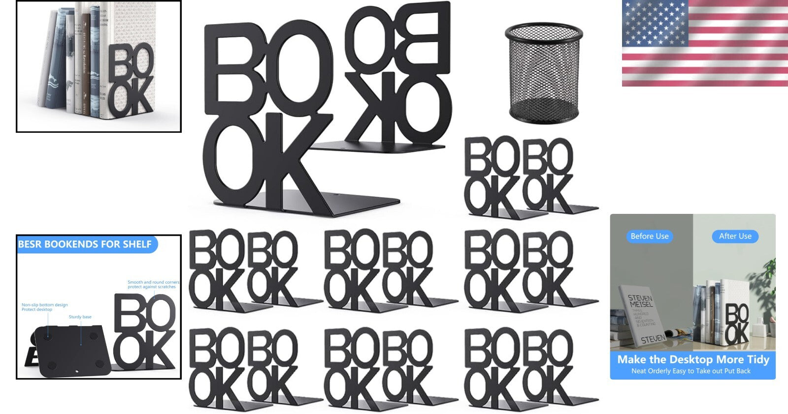 Elegant Black Metal Bookends - Perfect Gift for Book Lovers, 8 Pairs Included