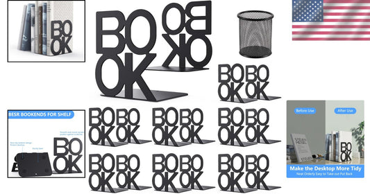 Elegant Black Metal Bookends - Perfect Gift for Book Lovers, 8 Pairs Included