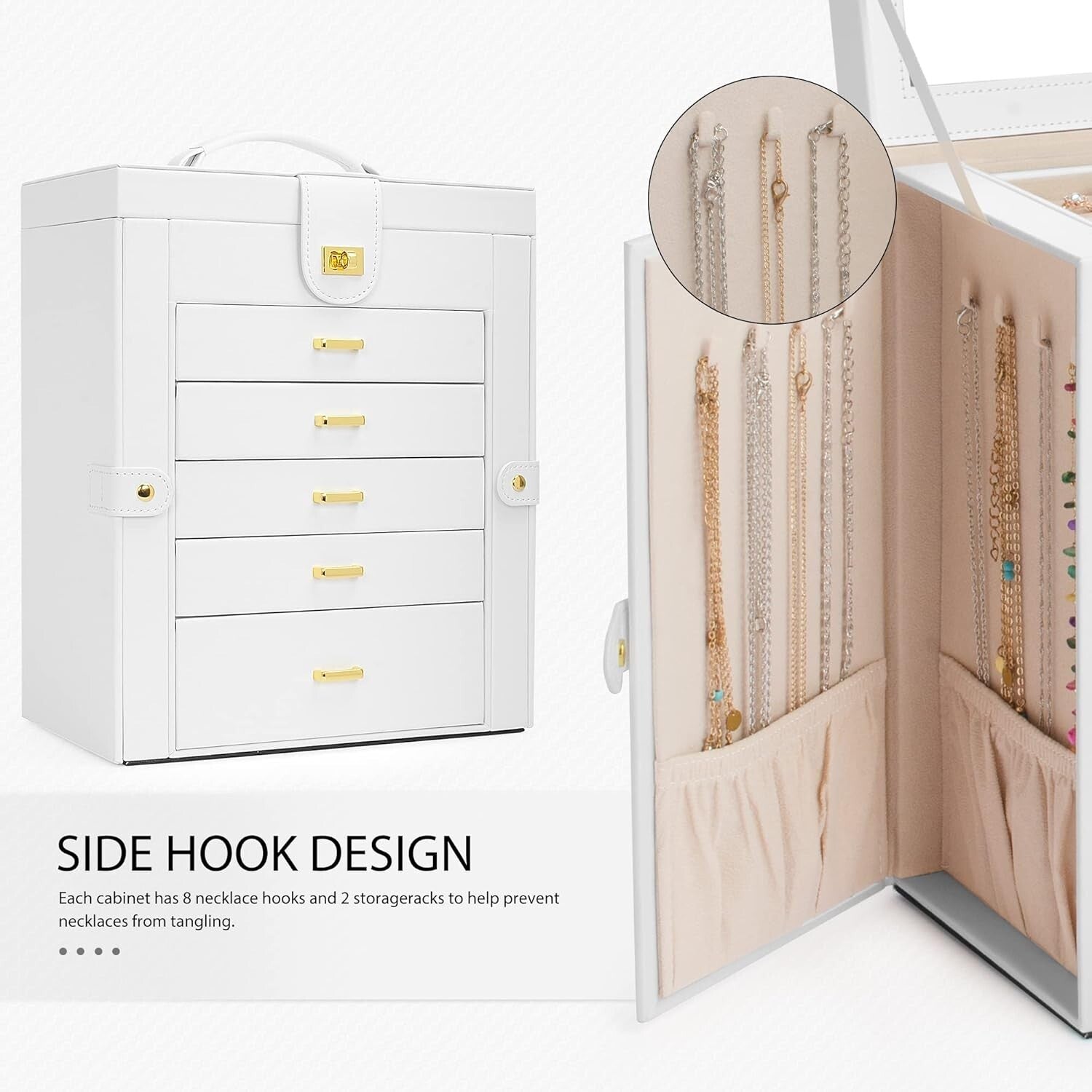 Stylish White Jewelry Box with 5 Drawers & Mirror - Ideal for Rings & Necklaces