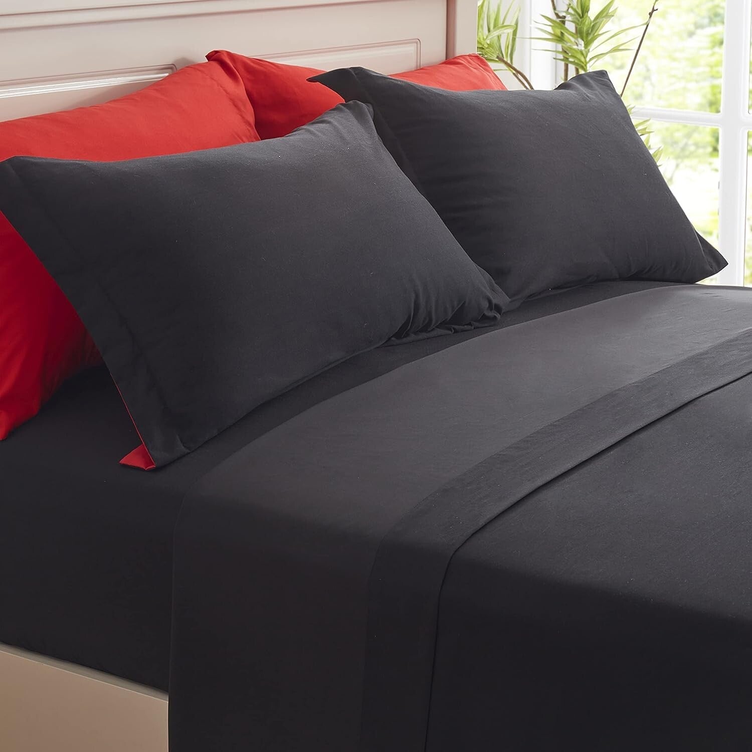 All Season King Size Bedding Set: 7-Piece Reversible Comforter in Black & Red