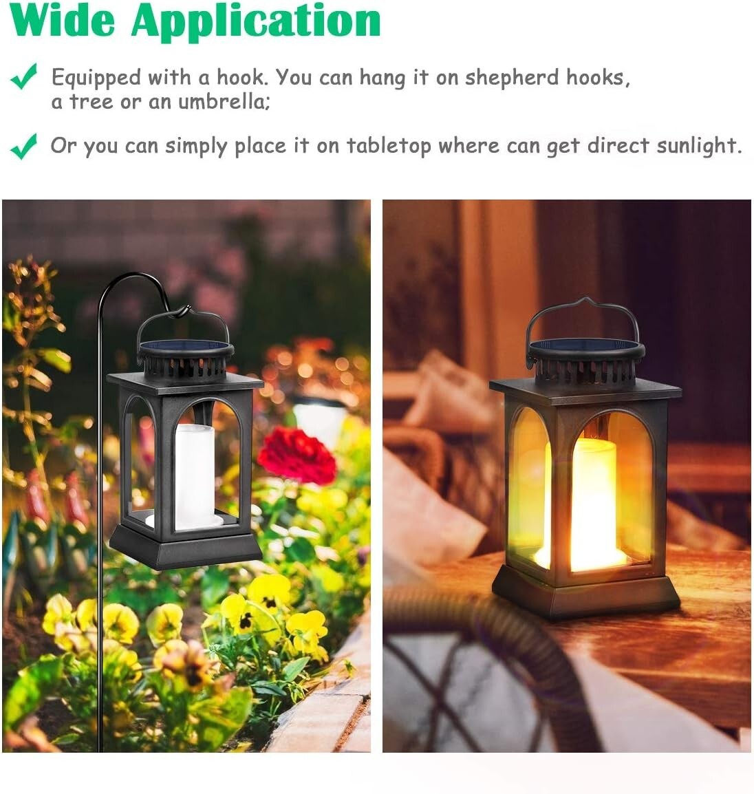 2-Pack Solar Flickering Flame Metal Lanterns for Elegant Outdoor Illumination