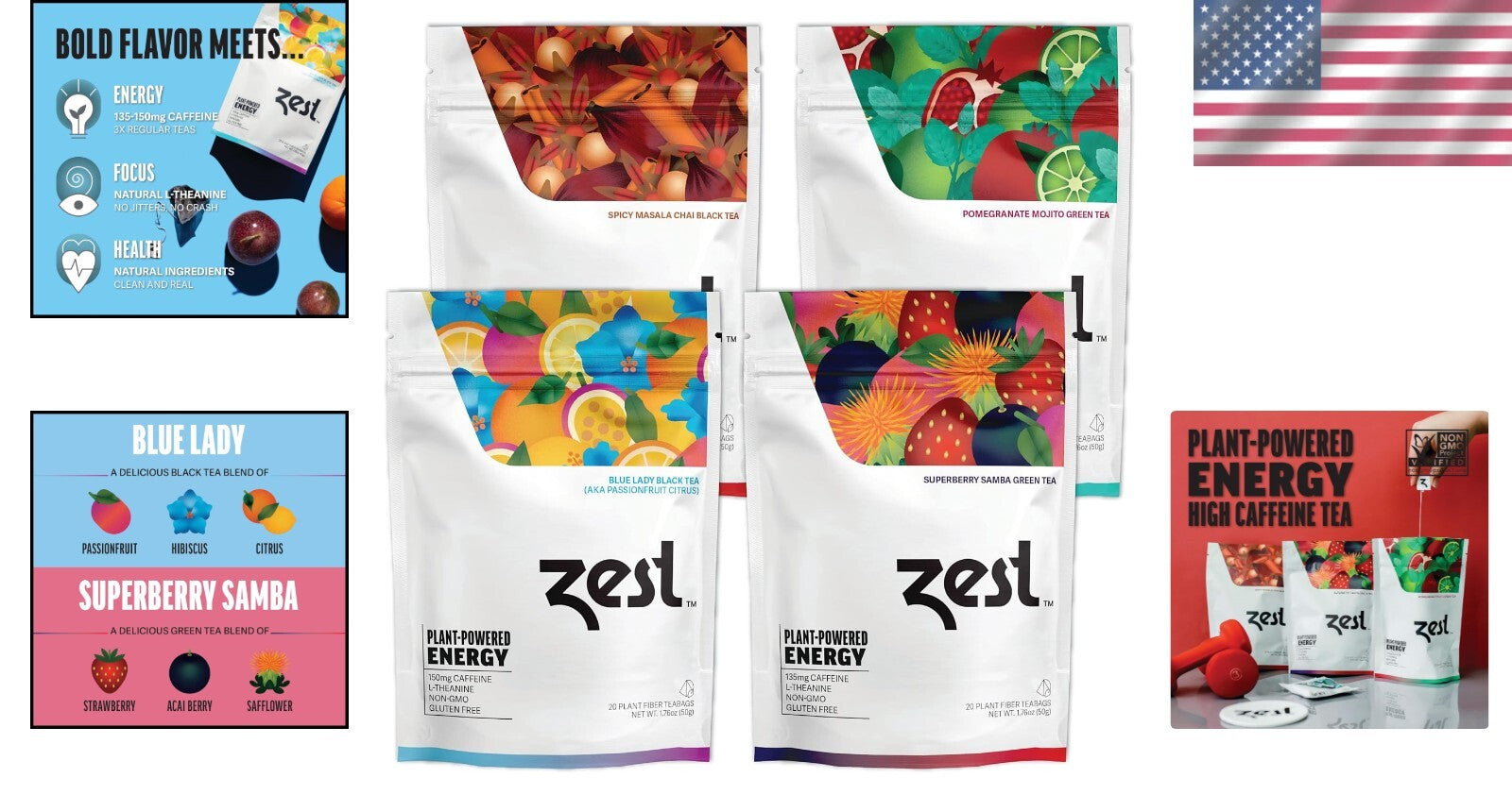 High Caffeine Energy Tea Sampler - Keto-Friendly 80 Bags of Black & Green Tea