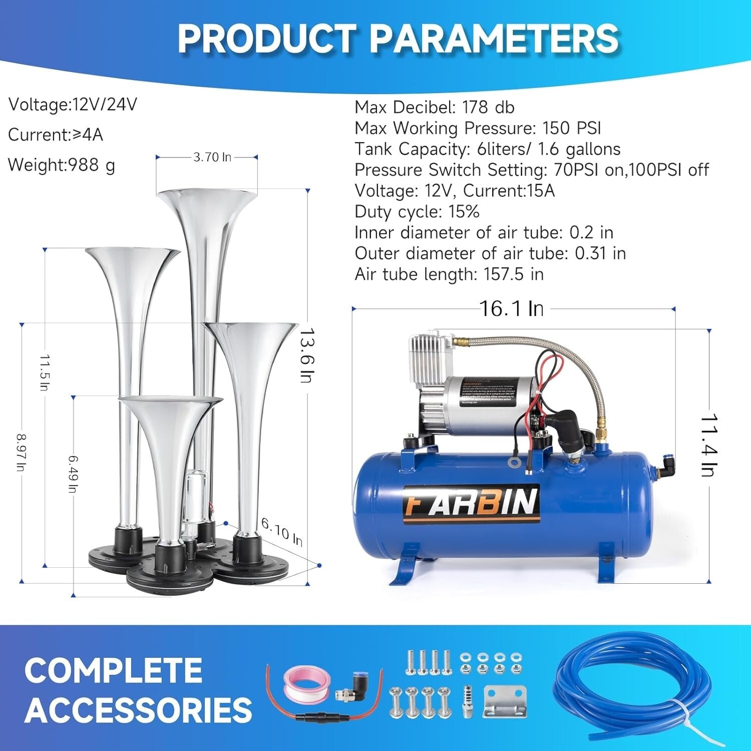 Universal 178DB Air Horn Kit for Trucks, Cars, Boats - Complete with Compressor