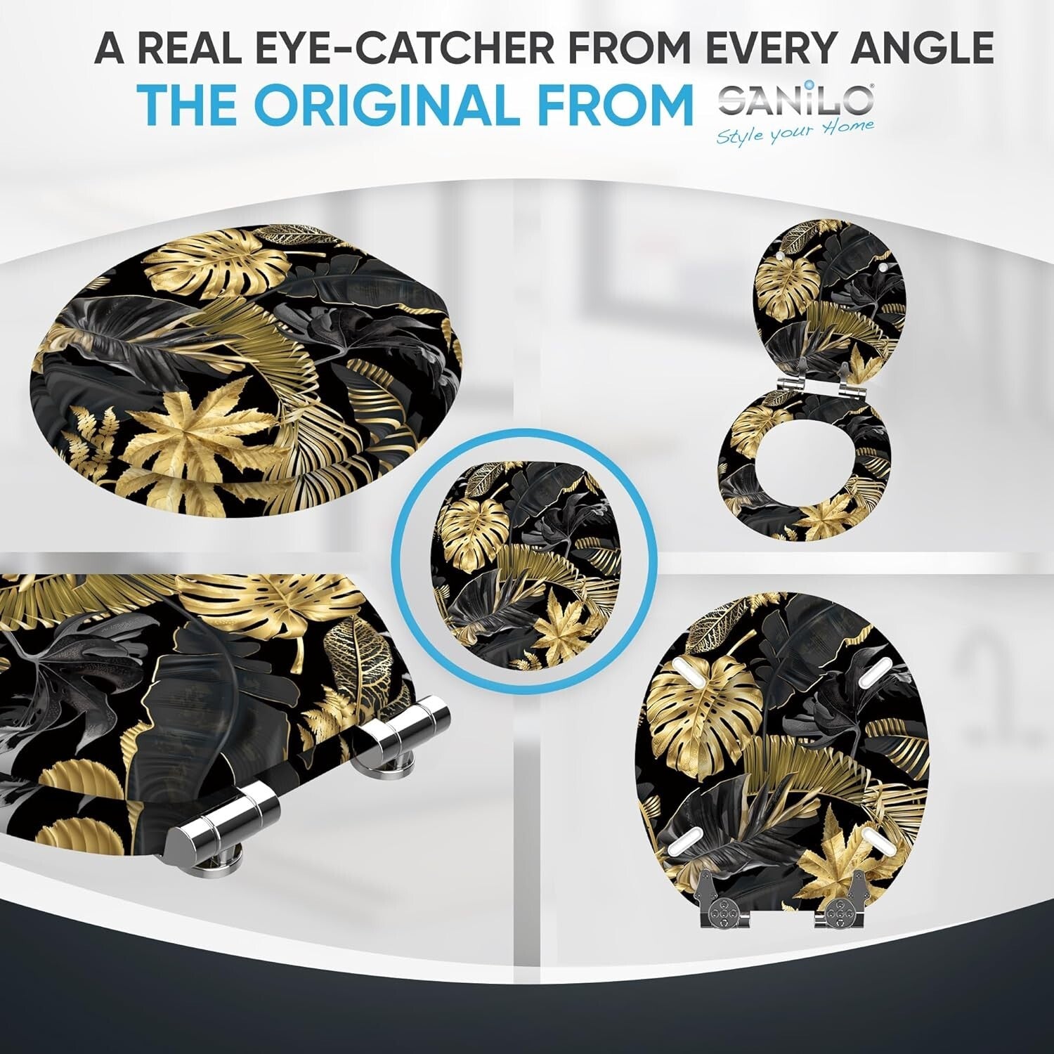 Luxury Molded Wood Toilet Seat with Soft Close Feature - Golden Leaves Design