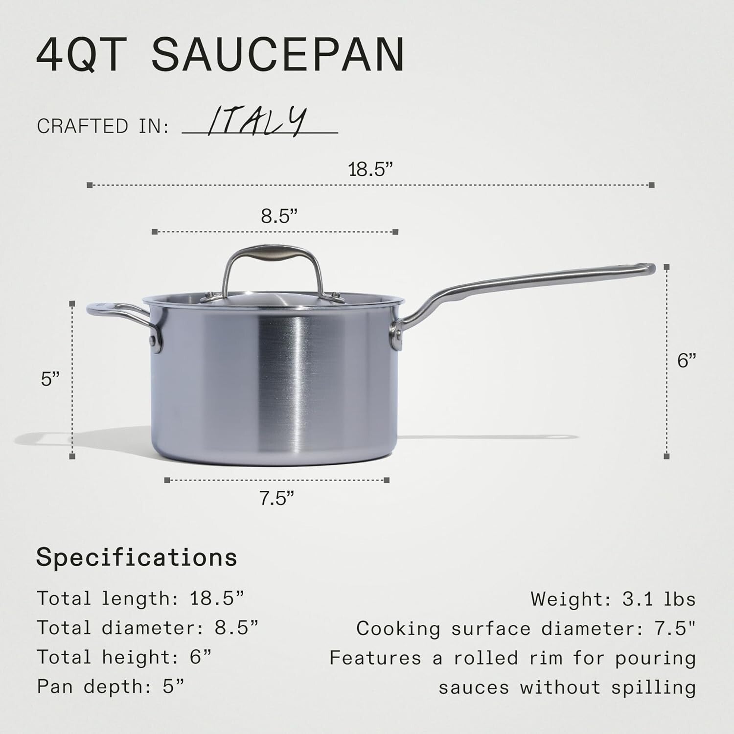 4 Quart Stainless Steel Saucepan - Induction Compatible & Professional Quality