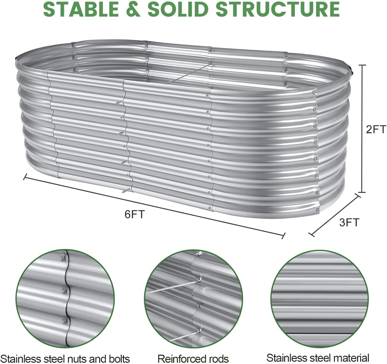 6×3×2ft Galvanized Raised Garden Bed - Durable Oval Planter for Vegetables