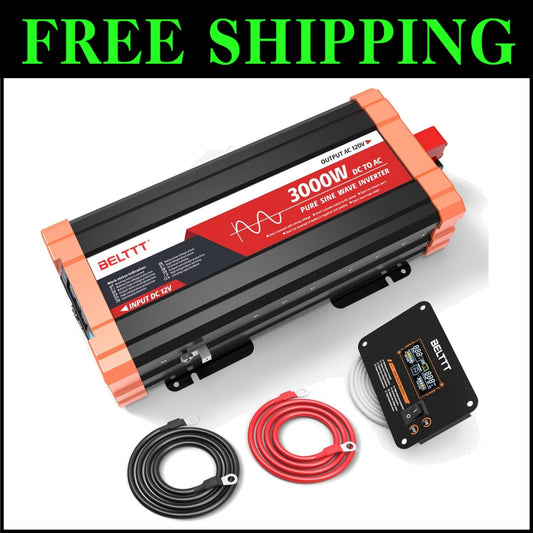 Reliable 3000W Solar Inverter - 12V to 120V with USB Ports & Hardwire Options
