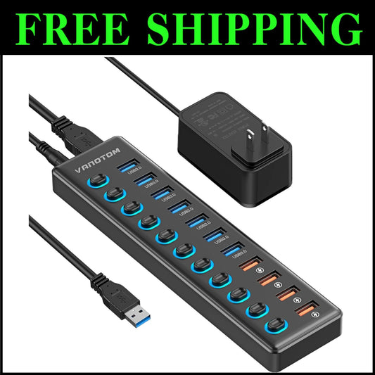 Powered 11-Port USB Hub 3.0 Splitter with Smart Charging & Individual Switches