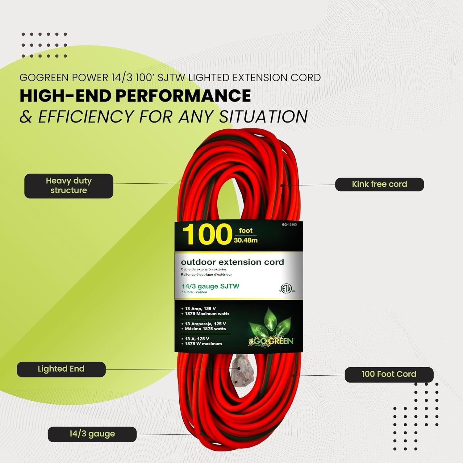 Moisture Resistant 100ft Extension Cord with Lighted End – Perfect for Outdoors