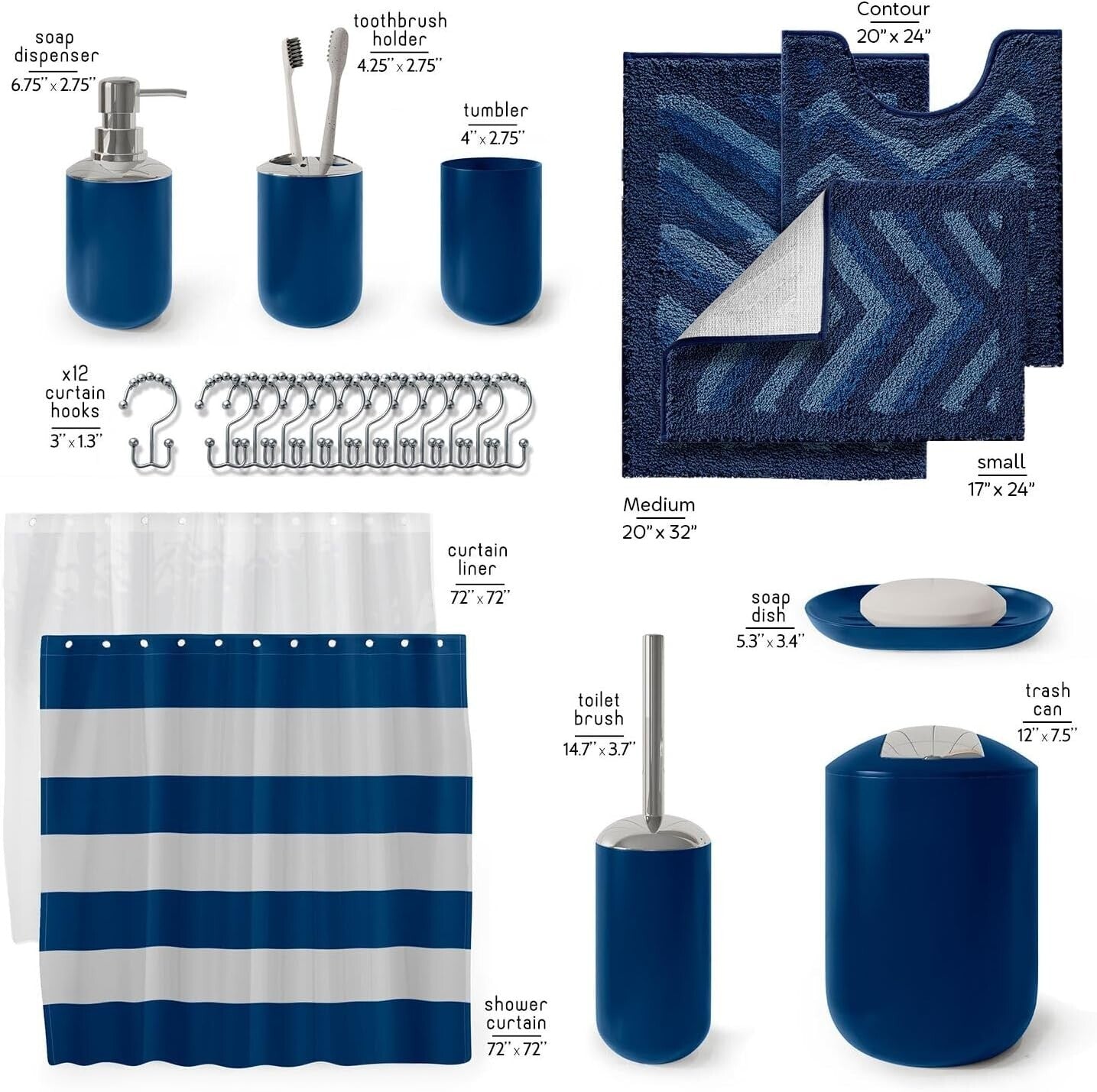 Navy Chevron 23PC Bath Set: Shower Curtain, Rugs & Essentials for Stylish Spaces