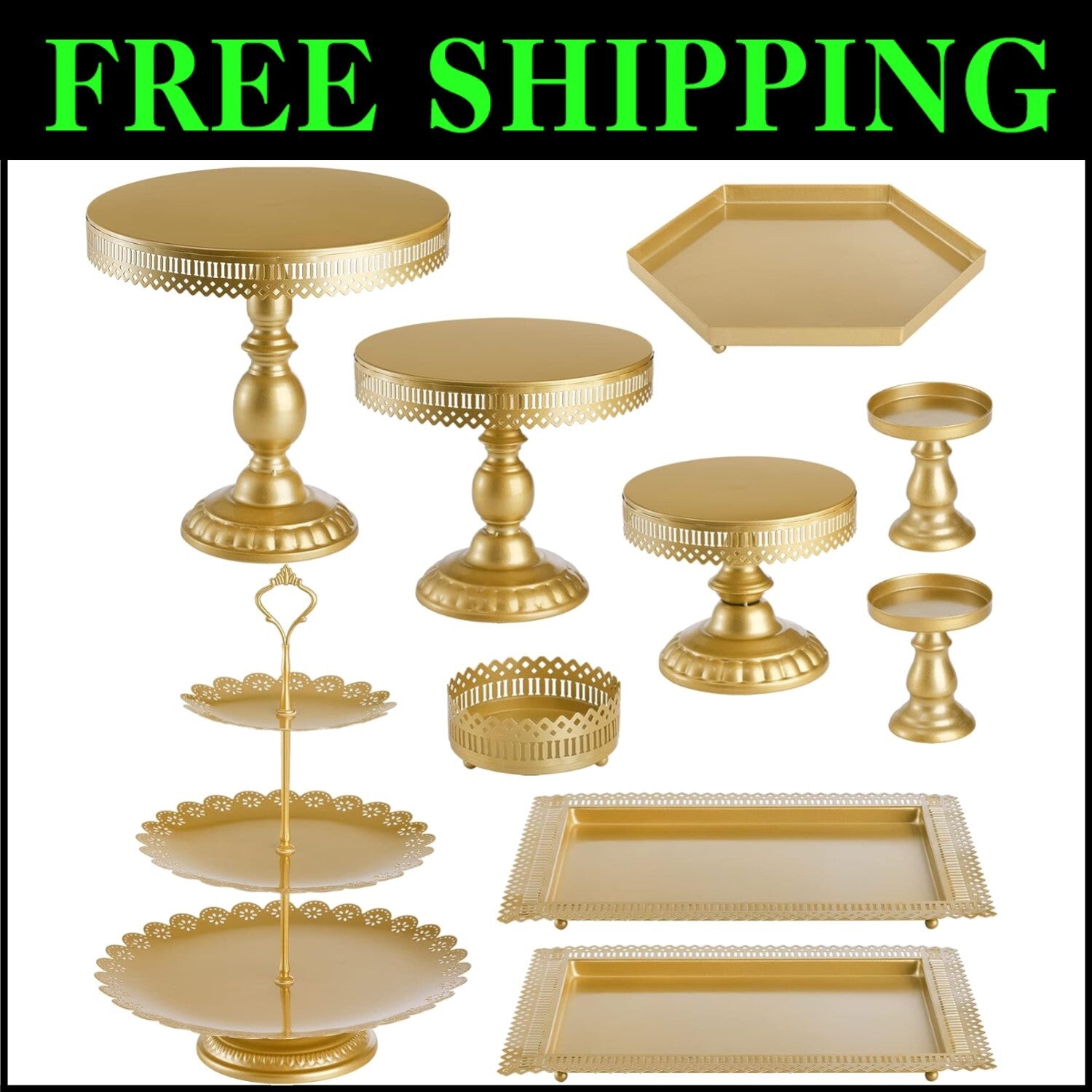 Versatile Gold Metal Dessert Towers - 10-In-1 Cake Stand Set for Celebrations