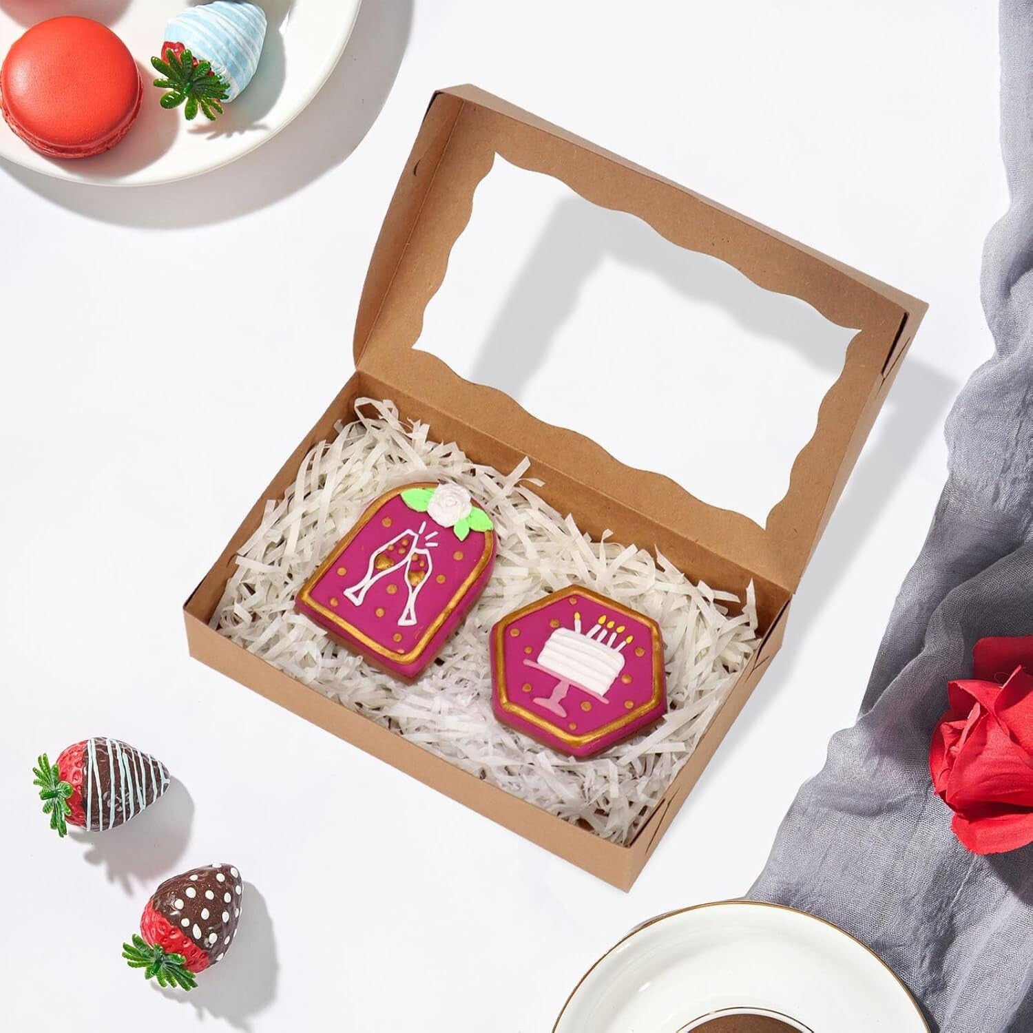 Chocolate & Macaron Bakery Boxes - 100 Pack Stylish with Clear Viewing Window