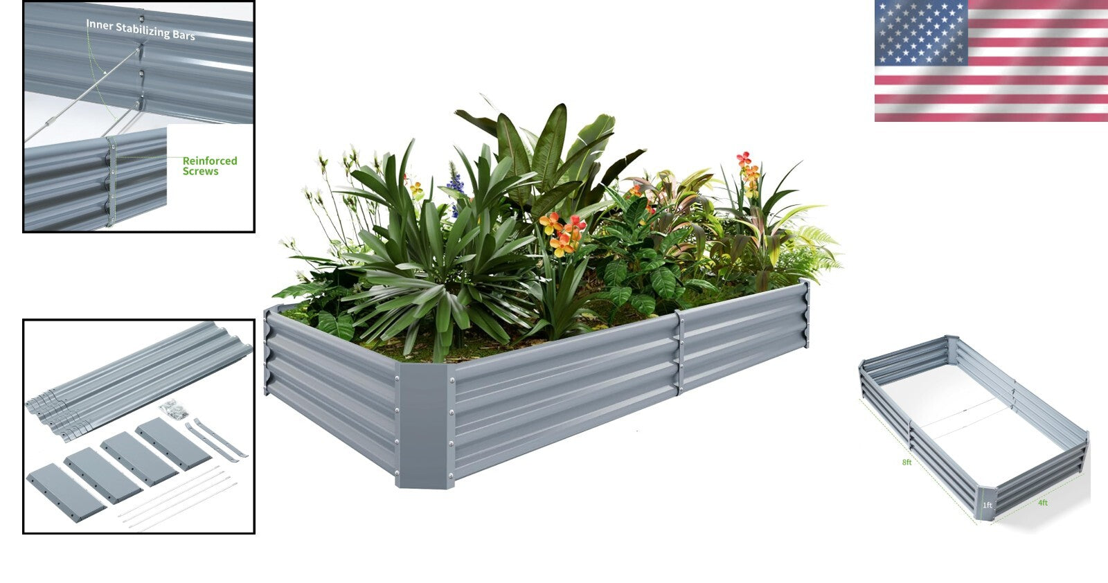 Easy Assembly 8×4ft Galvanized Raised Bed - Sustainable Outdoor Vegetable Garden