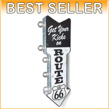 Load image into Gallery viewer, Battery-Powered Route 66 Marquee Sign with Vintage LED Bulbs – 26” x 3”