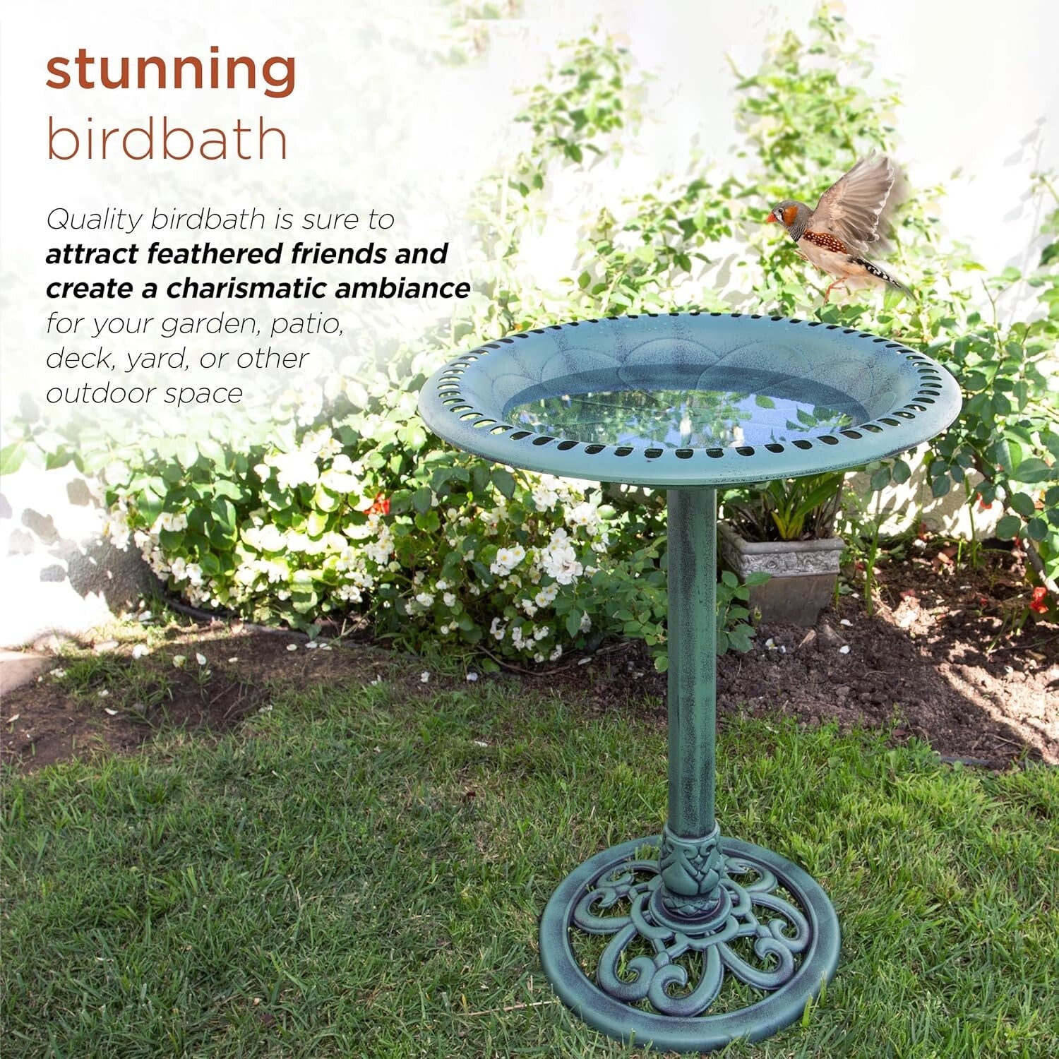 Elegant 28" Tall Outdoor Bird Bath with Scrollwork for Yard and Garden Décor