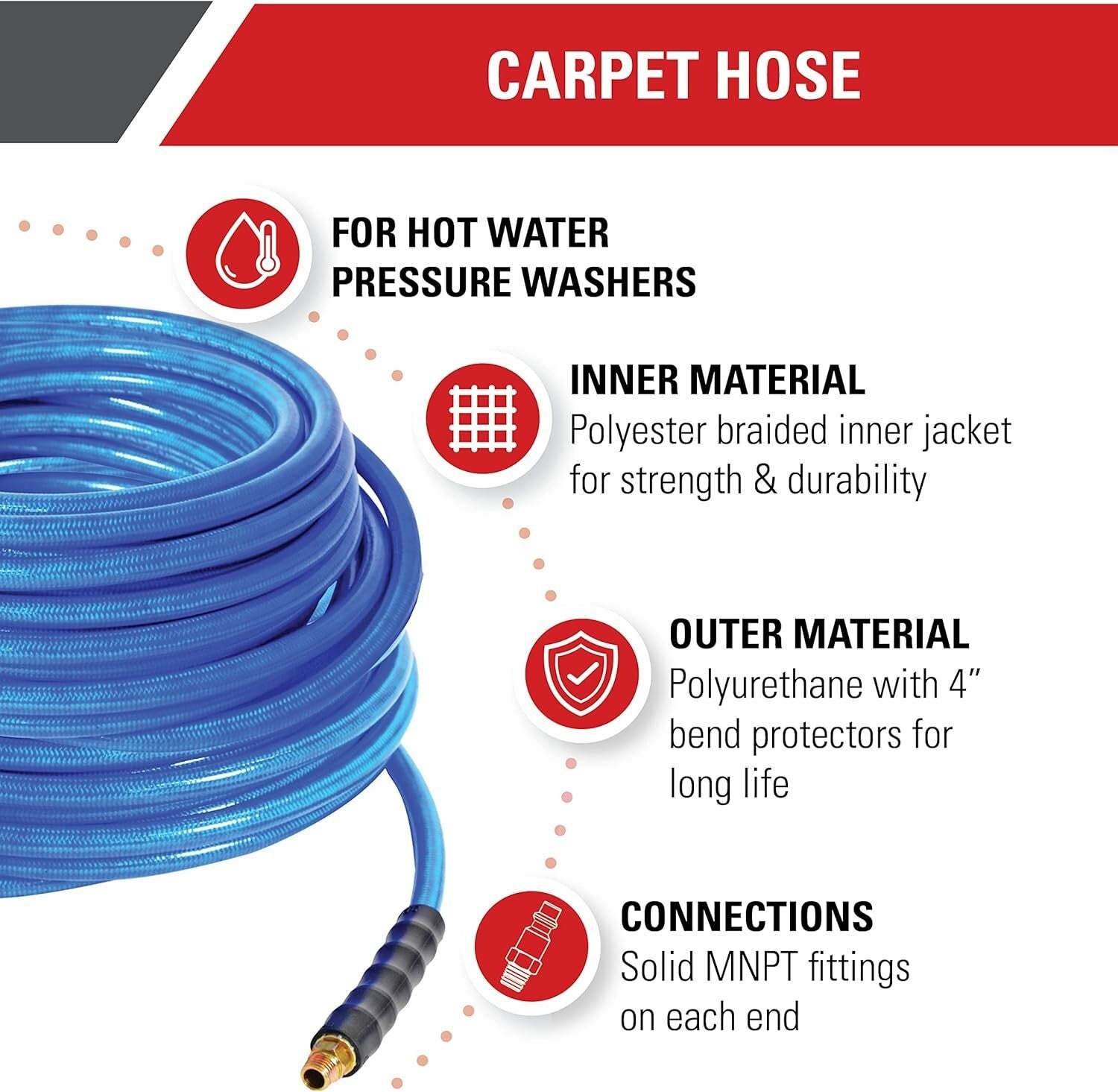 Professional Carpet Cleaning Hose, 150ft Long, Heat-Resistant, 3000 PSI Power