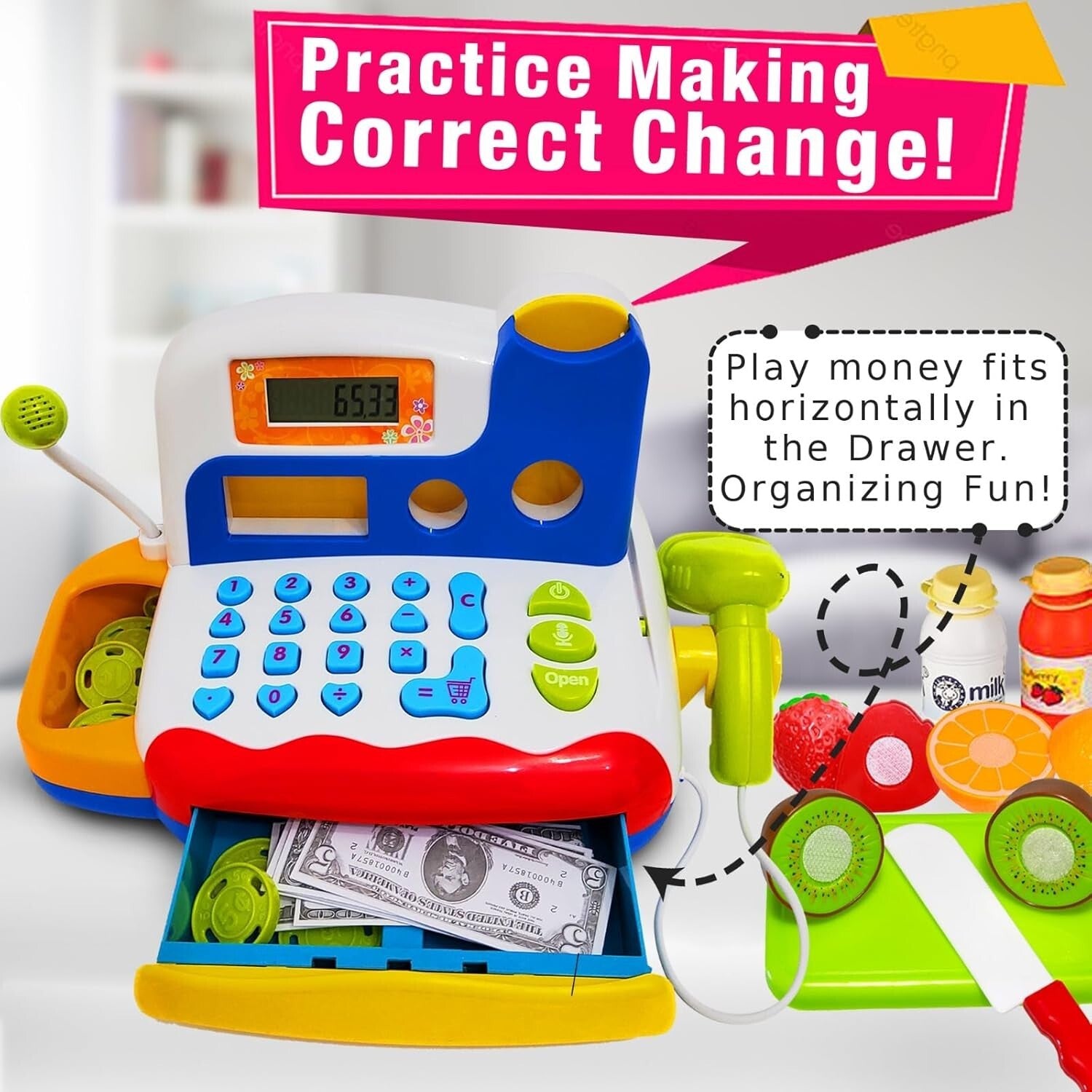 Engaging Toy Cash Register with Sound, Play Money & Grocery Items for Kids