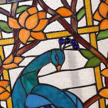 Load image into Gallery viewer, Rectangular Tiffany Stained Glass Peacock Panel with 30" Chain - Handmade Beauty
