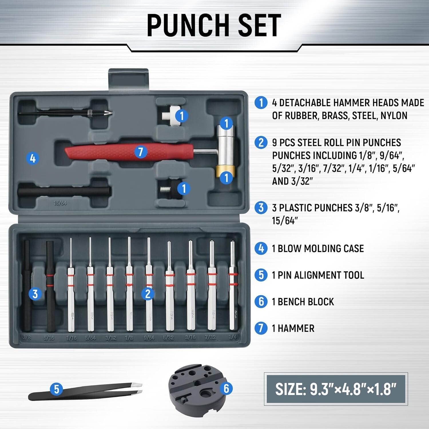 Versatile Steel Pin Punch Set with Hammer & Bench Block – Repair Tool Essentials