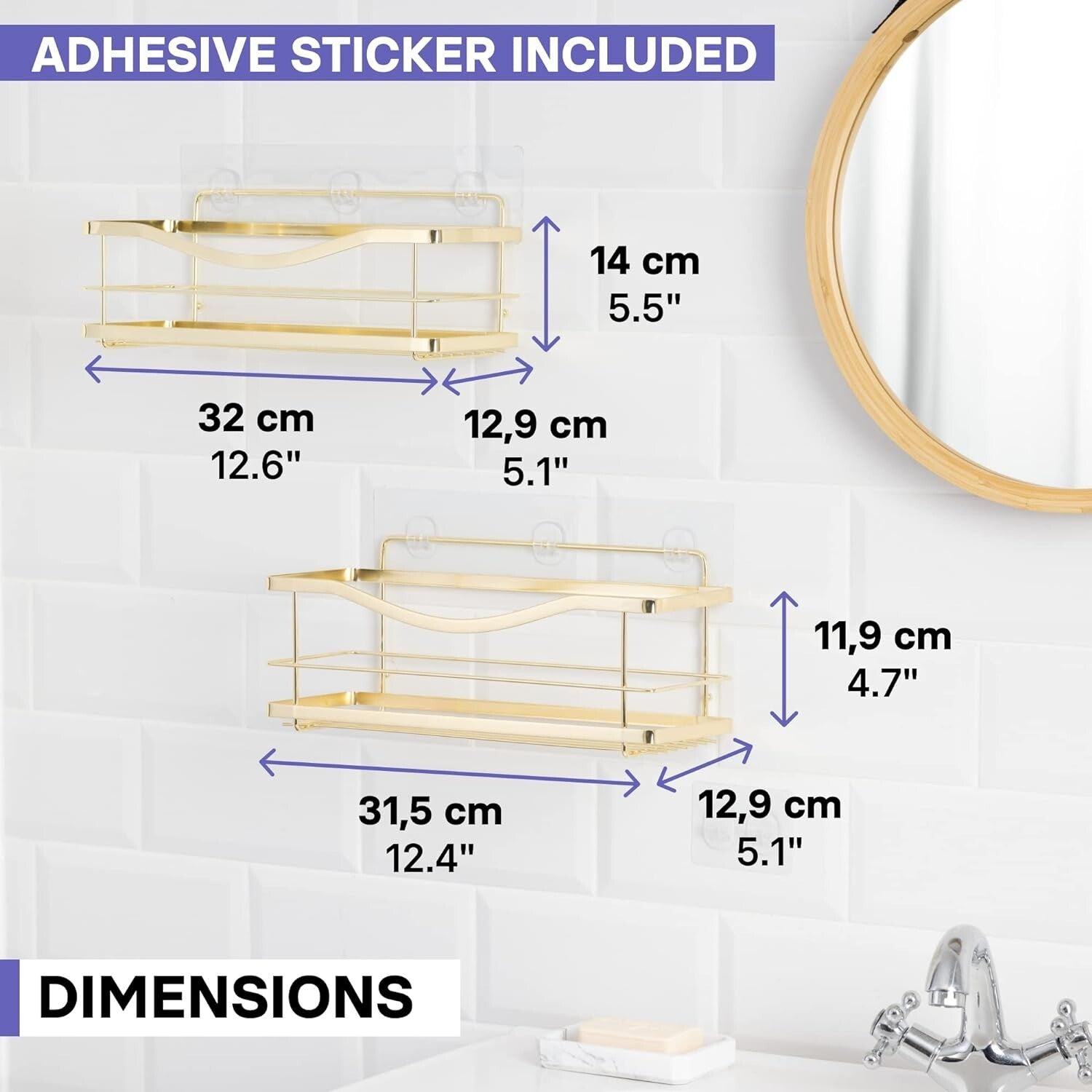 Elegant Gold Stainless Steel Self-Adhesive Shower Caddy - Wall Shelf Organizer