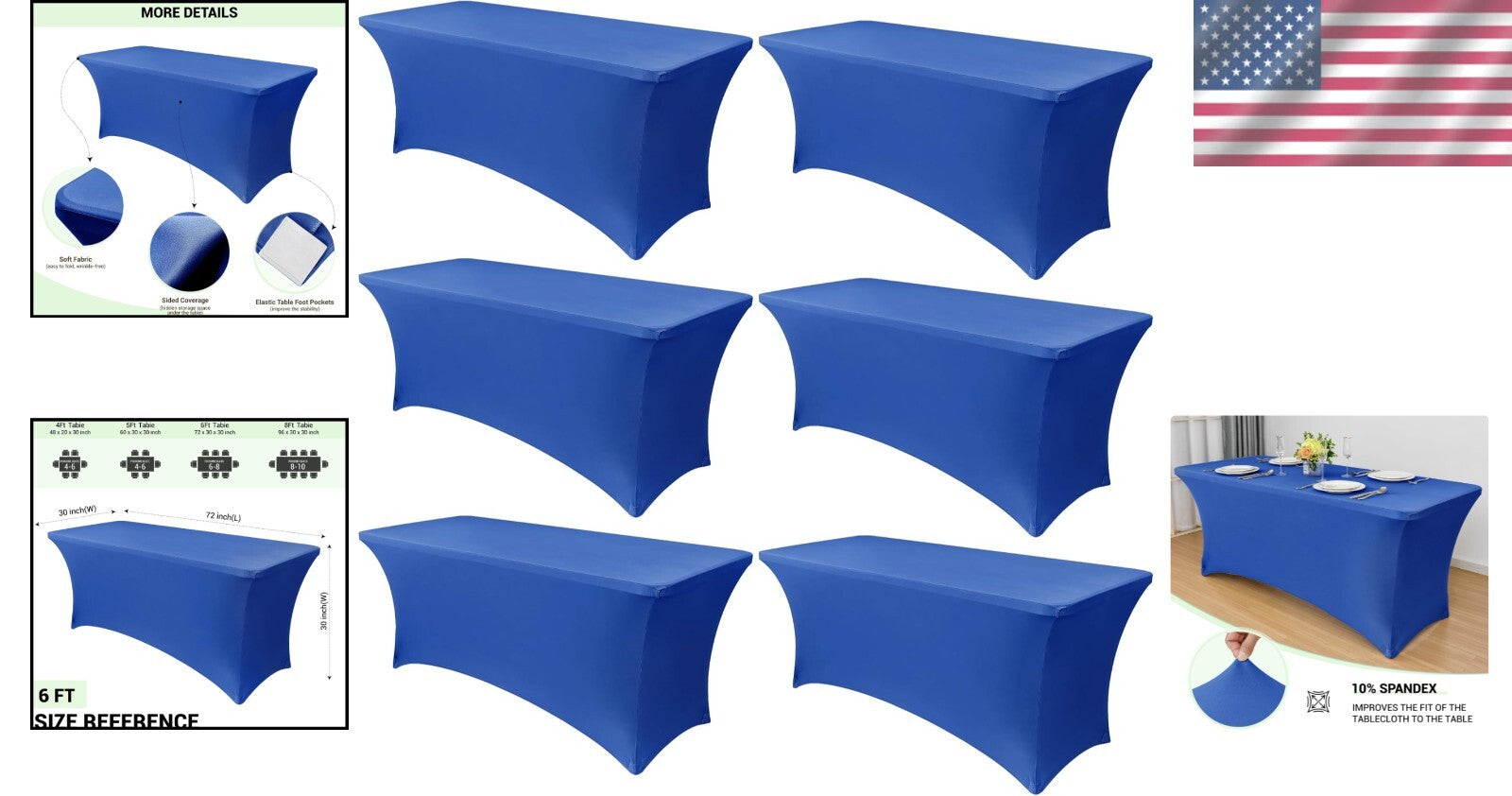 6-Pack Royal Blue Stretch Spandex Table Covers for 6-Foot Tables - All Season
