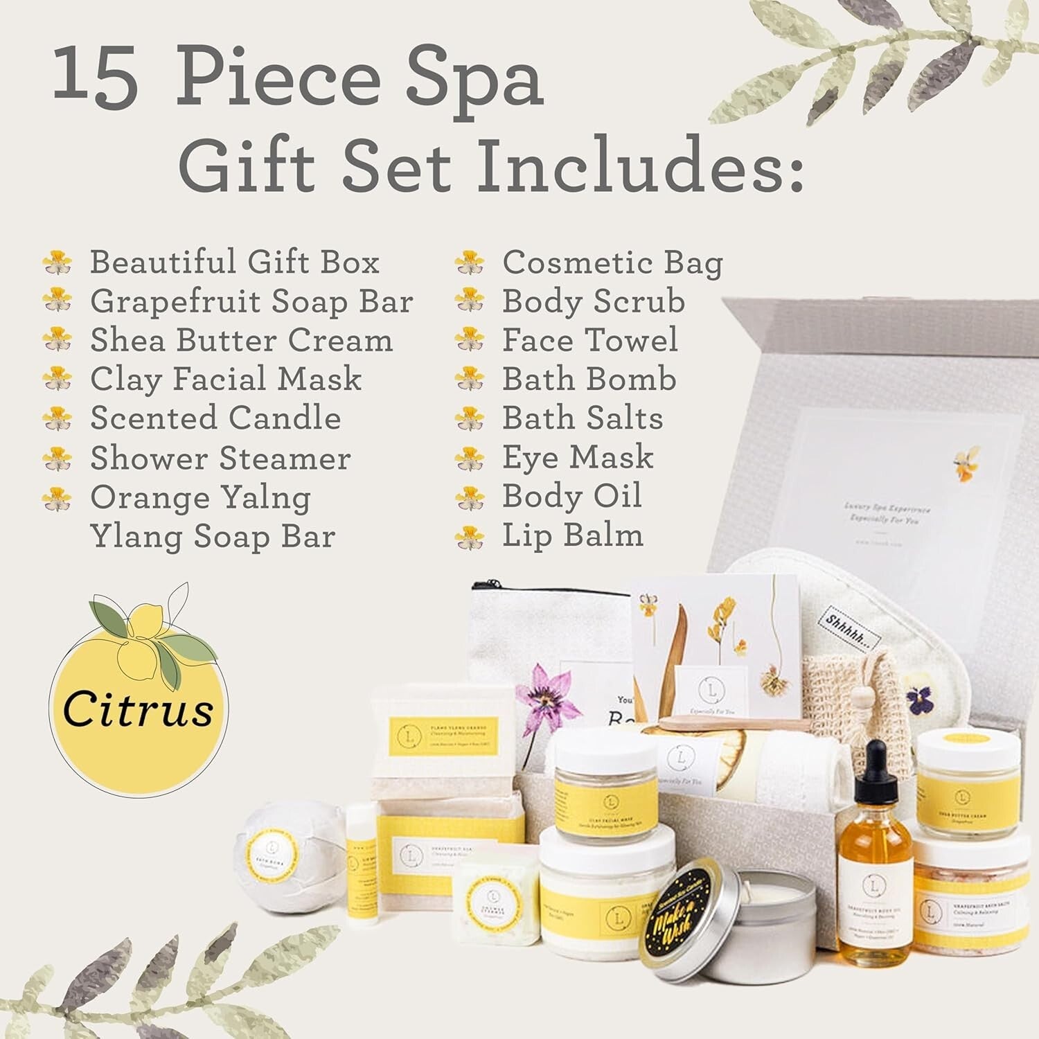 Elegant Citrus Spa Gift Basket - 15-Piece Women’s Self-Care Kit for Relaxation