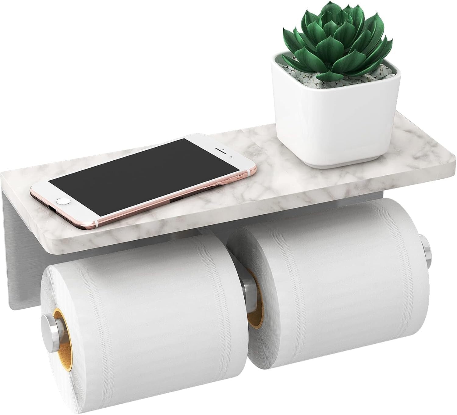 Brushed Nickel Double Toilet Paper Holder with Elegant Marble Shelf - Modern ...