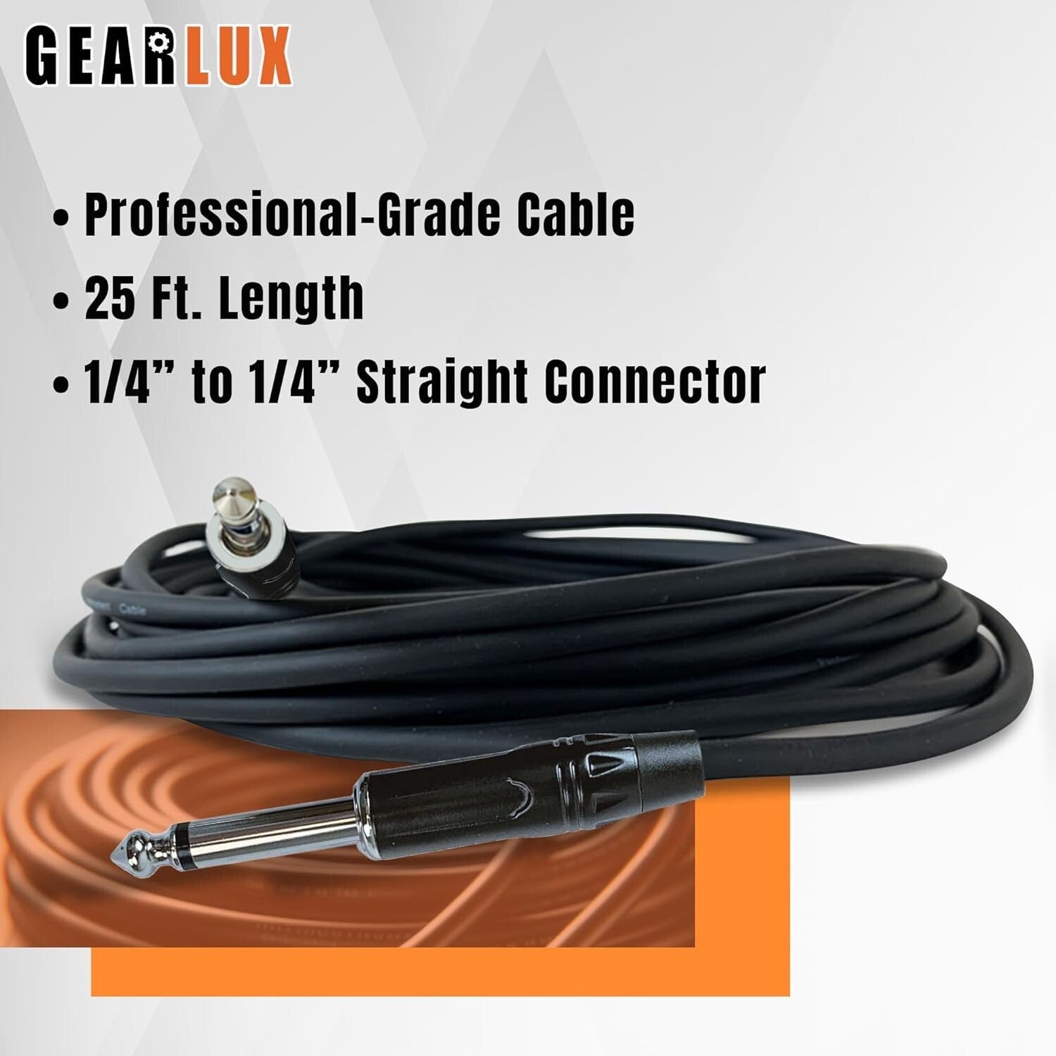 3 Pack Professional 25ft Black Guitar Cables with Straight 1/4 Inch Connectors