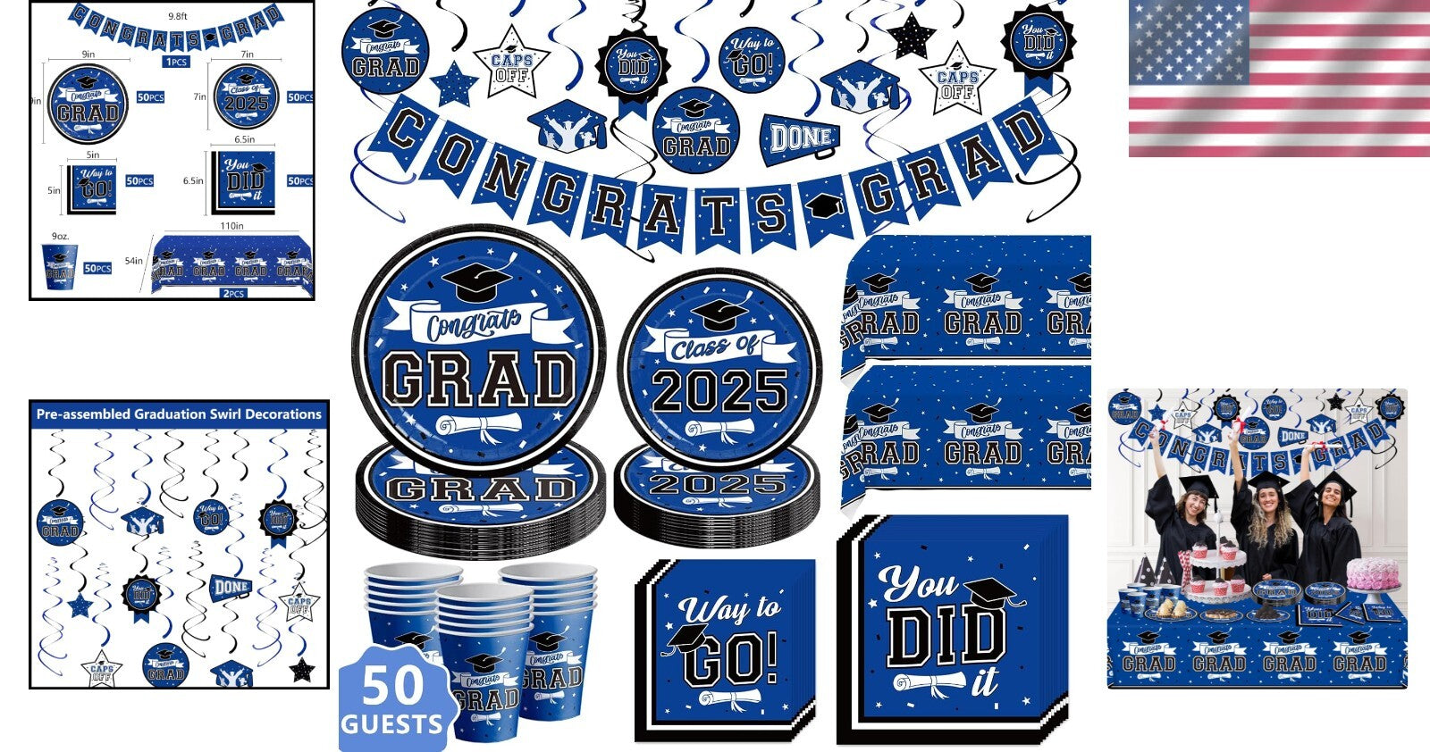 Convenient Graduation Party Supplies Set with Decor for 50 Guests - Blue