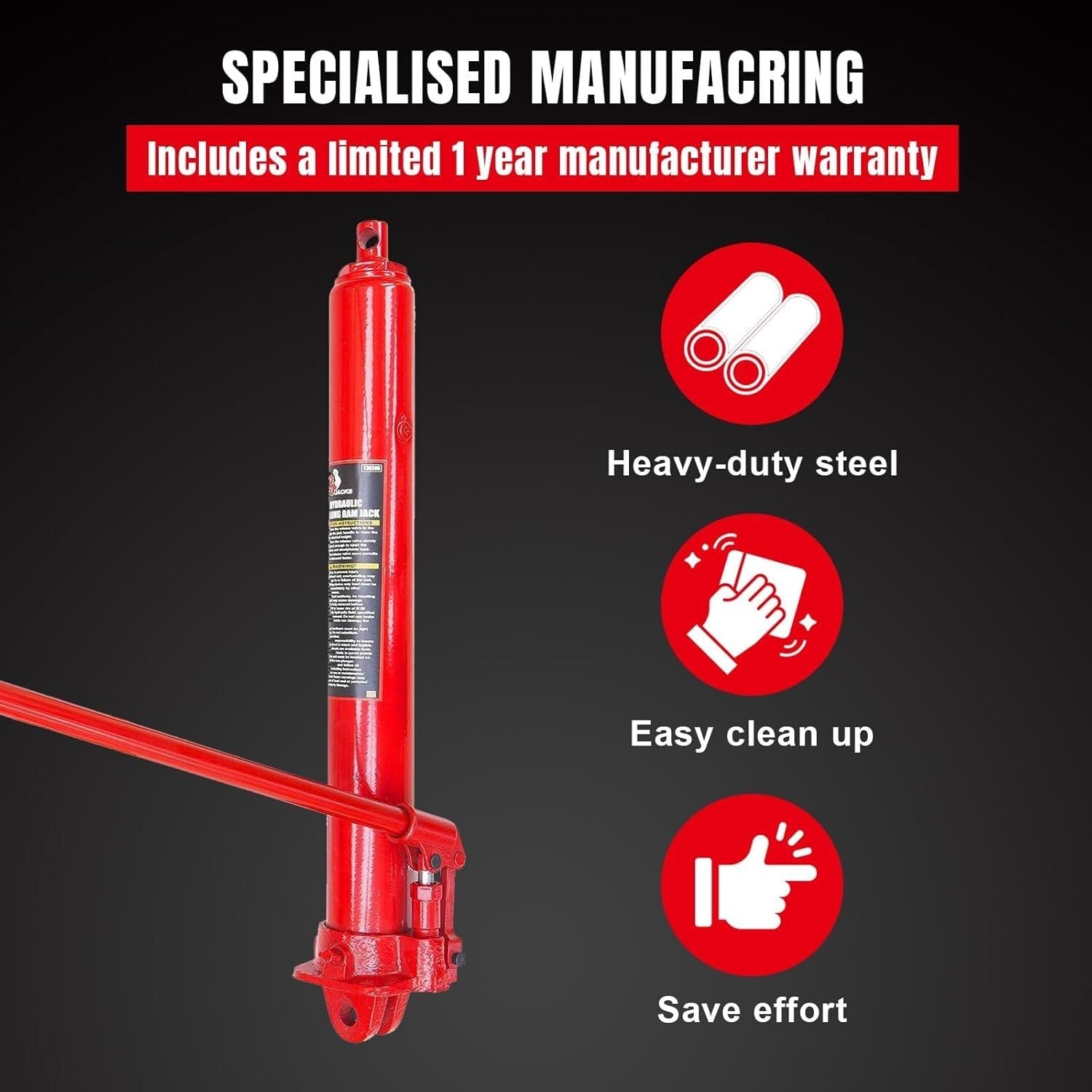 8 Ton Hydraulic Long Ram with Single Piston Pump - Versatile Clevis Base, Red