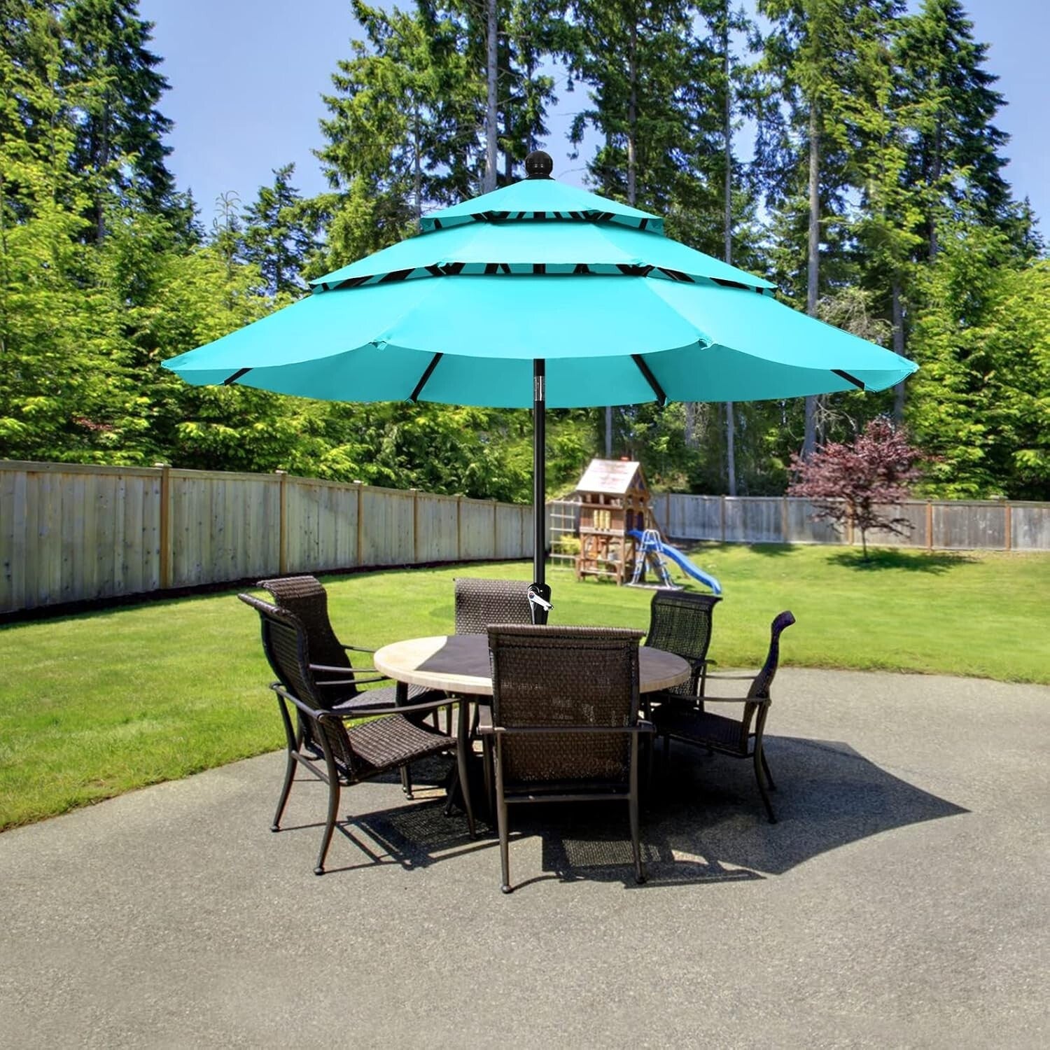 9FT Waterproof Patio Umbrella - 3-Tier Turquoise Shade for Outdoor Relaxation