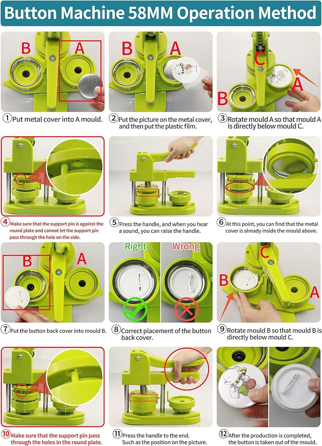 58mm Button Maker Machine Set - DIY Craft Badge Press with 100 Button Parts