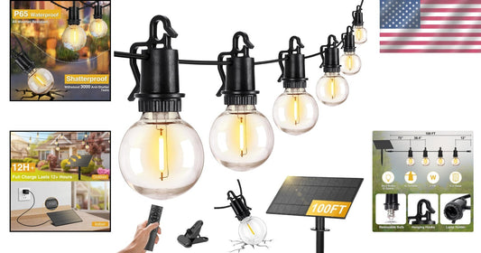 100FT Solar Outdoor String Lights - 30 Shatterproof Edison Bulbs, Remote Control