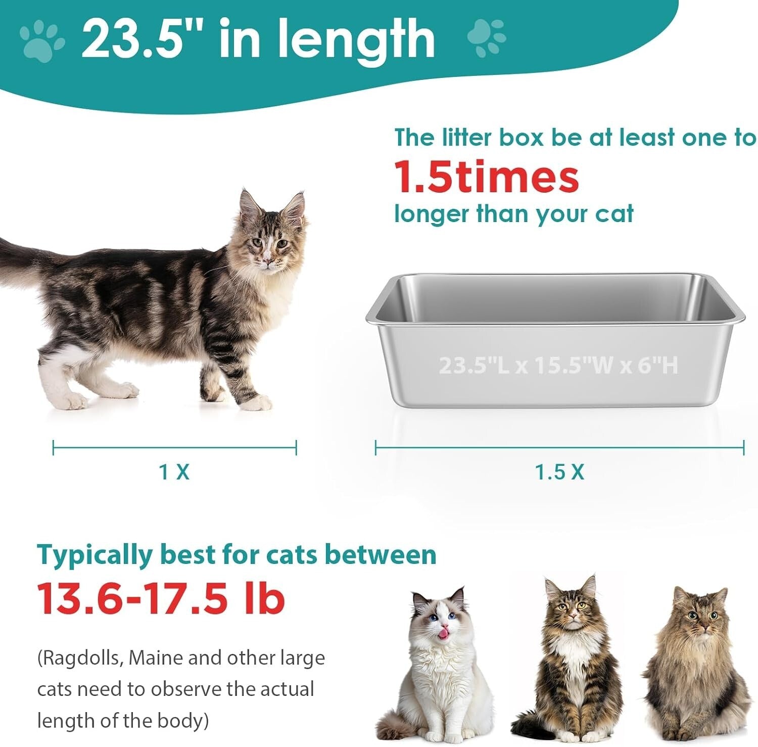 23.5"L x 15.5"W Stainless Steel Cat Litter Box | Anti-Slip, Odor-Free Design
