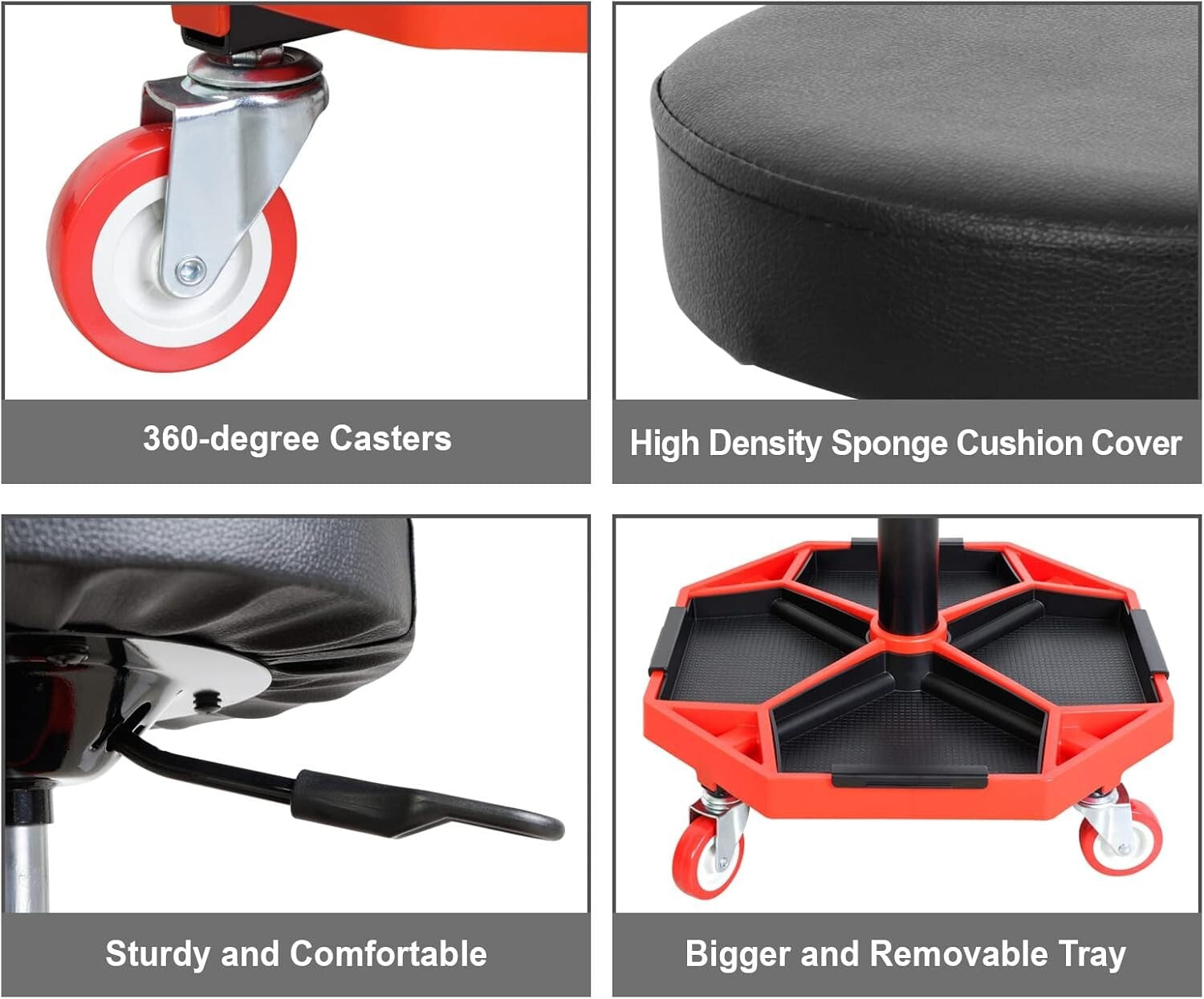 Durable Pneumatic Rolling Mechanic Stool with Soft Vinyl Seat, 300 lbs Capacity