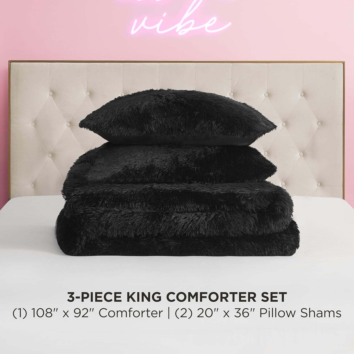 Luxurious Shaggy Faux Fur Black King Comforter Set - 3-Piece Glam Bedding