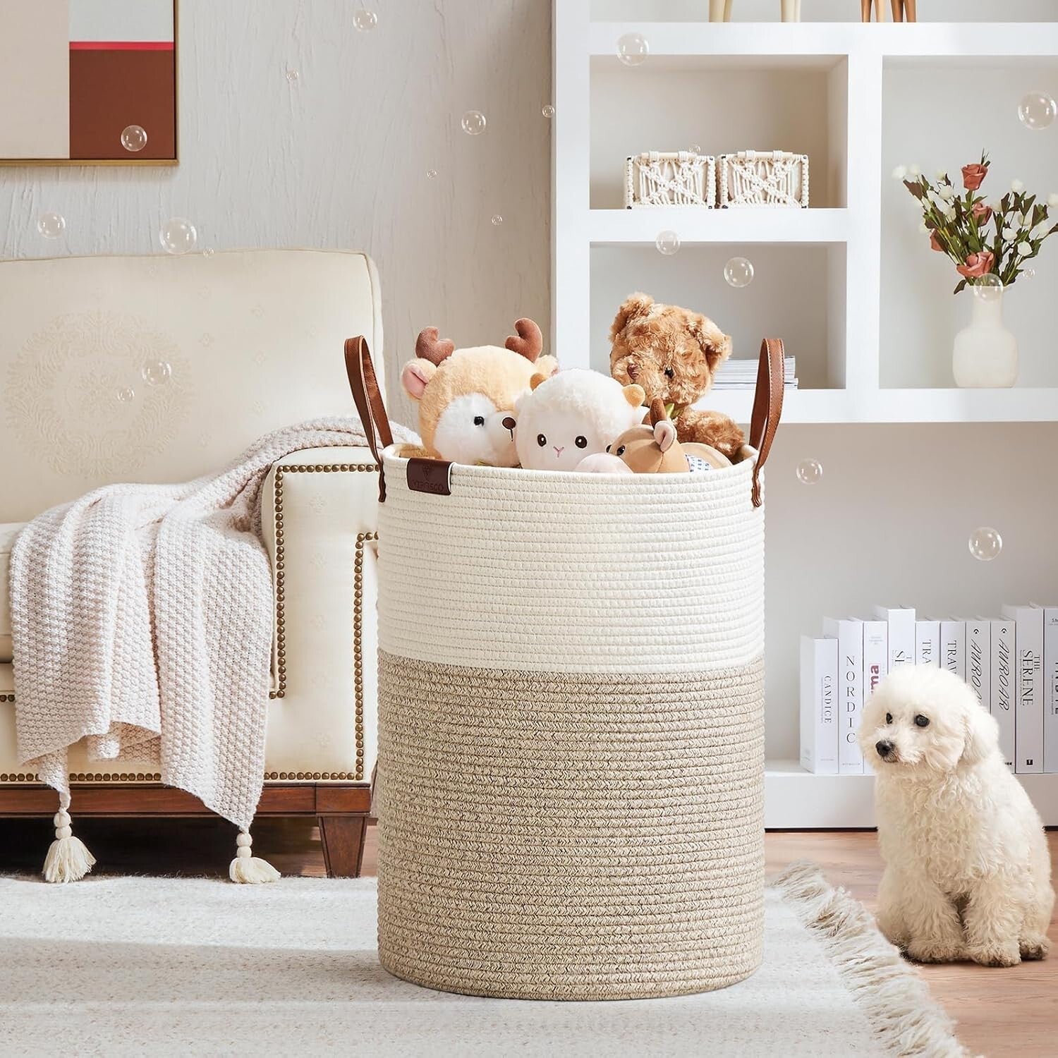 Durable 100L Laundry Hamper with Leather Handle - Portable Woven Storage Basket